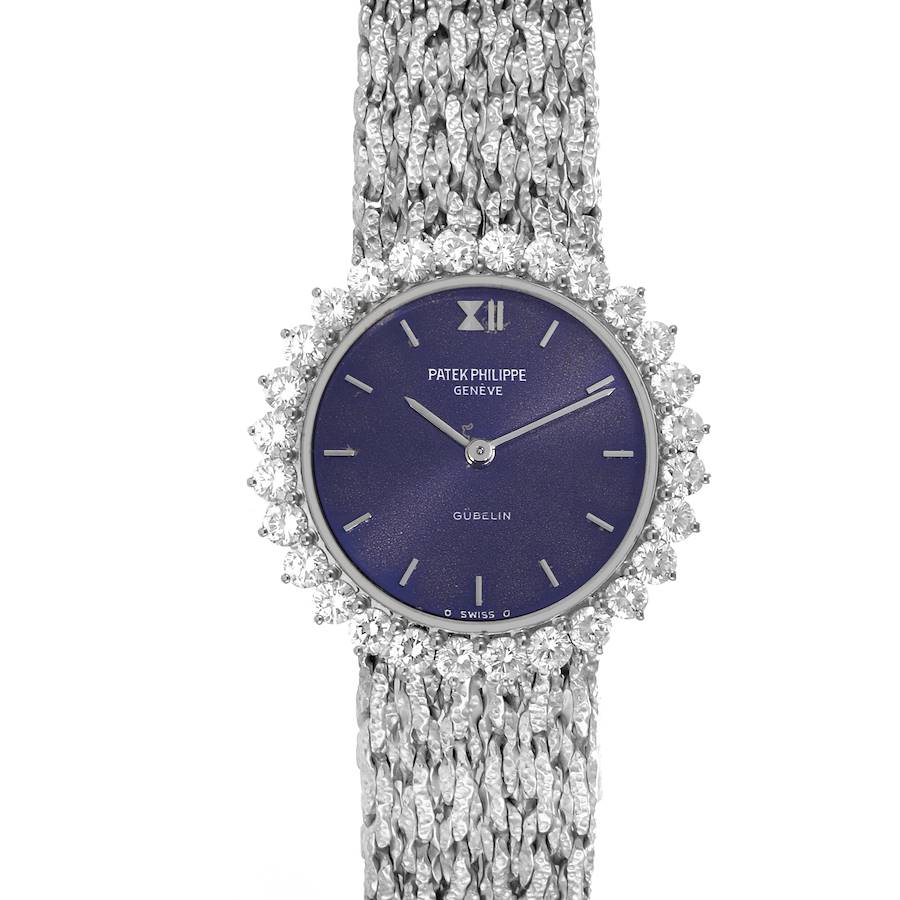 The Patek Philippe Calatrava watch is shown from a top-down angle, featuring the face, bezel with diamonds, and textured bracelet.