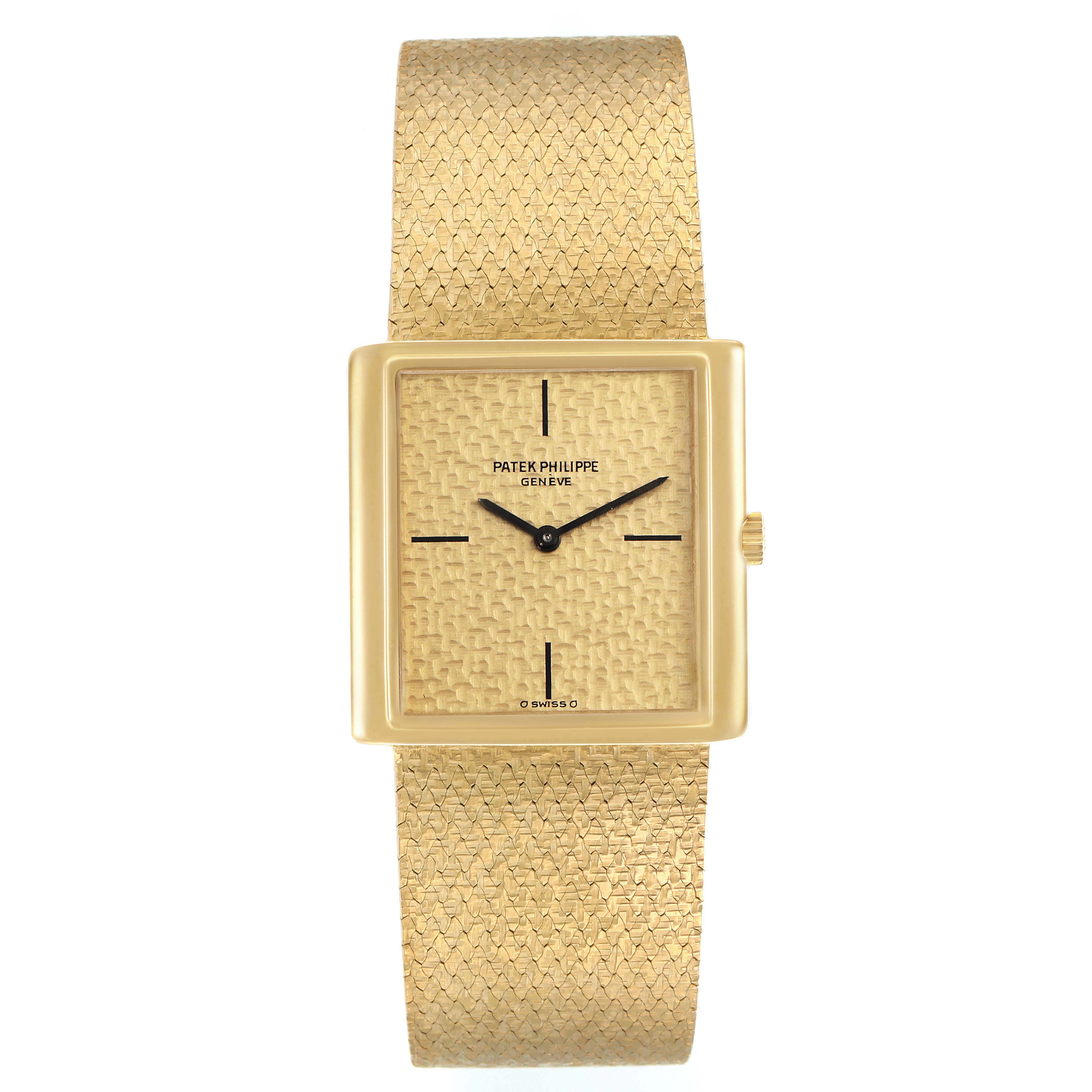 The Patek Philippe Vintage 3671 Women
s Yellow Gold Champagne Dial 3671 Women
s Yellow Gold Champagne Dial watch is shown from the front, highlighting the gold square face and textured band.