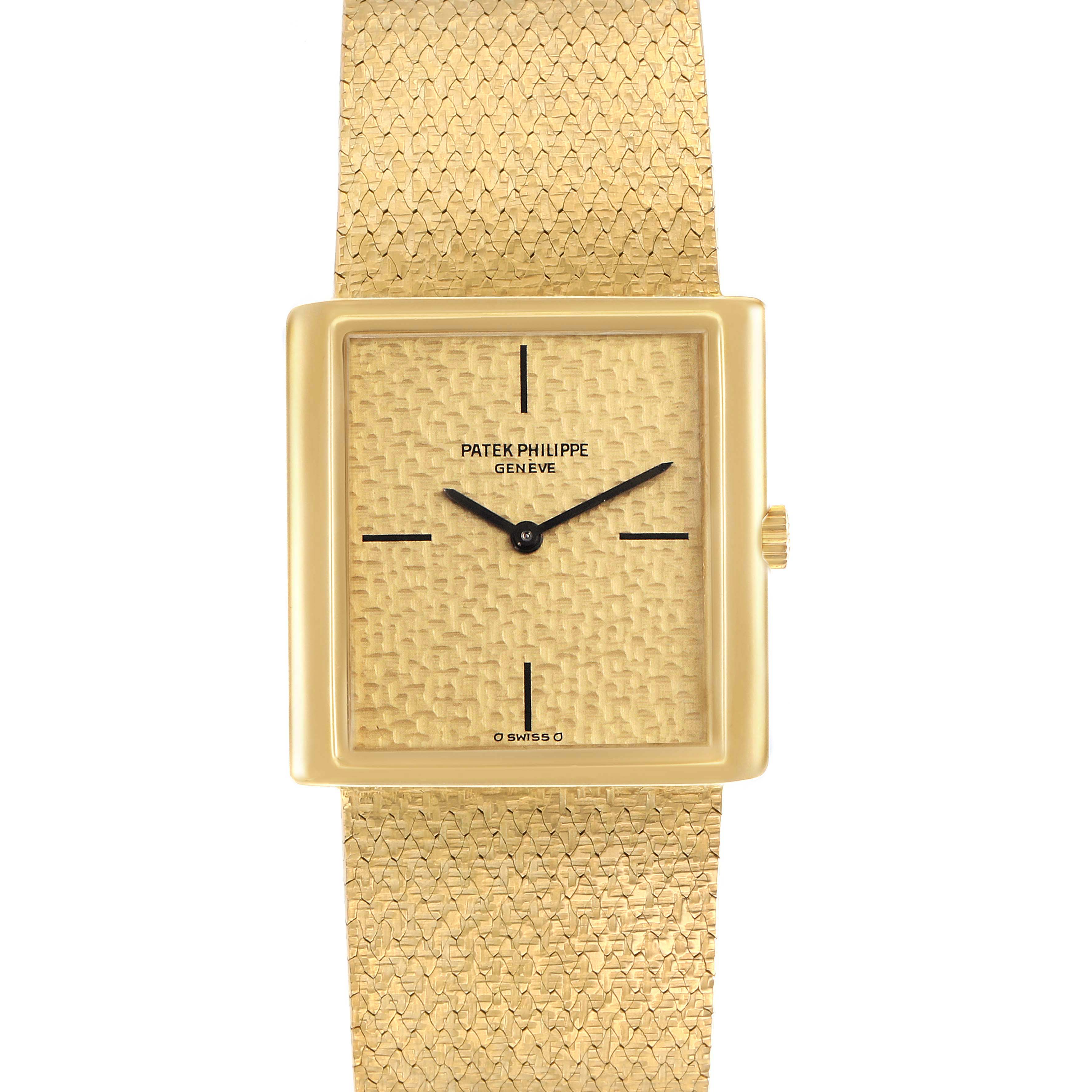 The image shows a frontal view of a Vintage Patek Philippe watch, highlighting its square dial, textured face, and integrated bracelet.