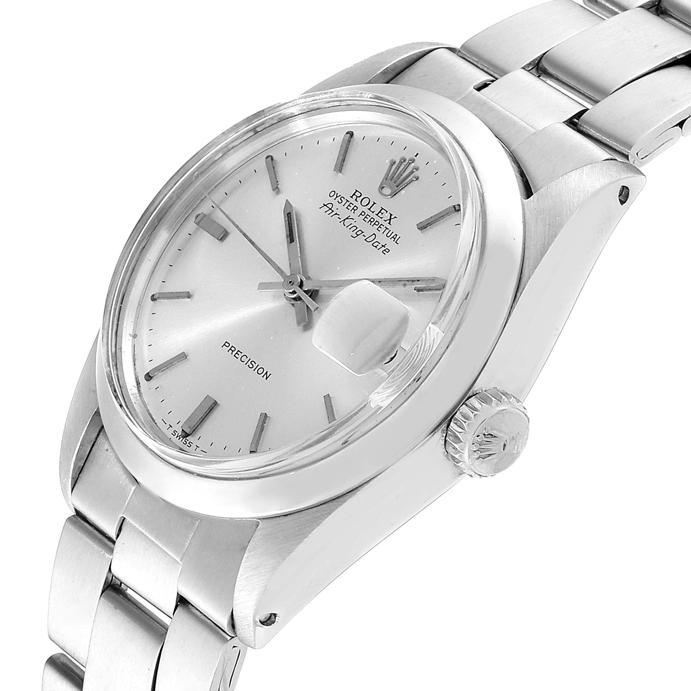 The image shows a Rolex Air-King 5700 Men's Stainless Steel Silver Dial 5700 Men's Stainless Steel Silver Dial watch from a side angle, highlighting the crown, dial, and bracelet.