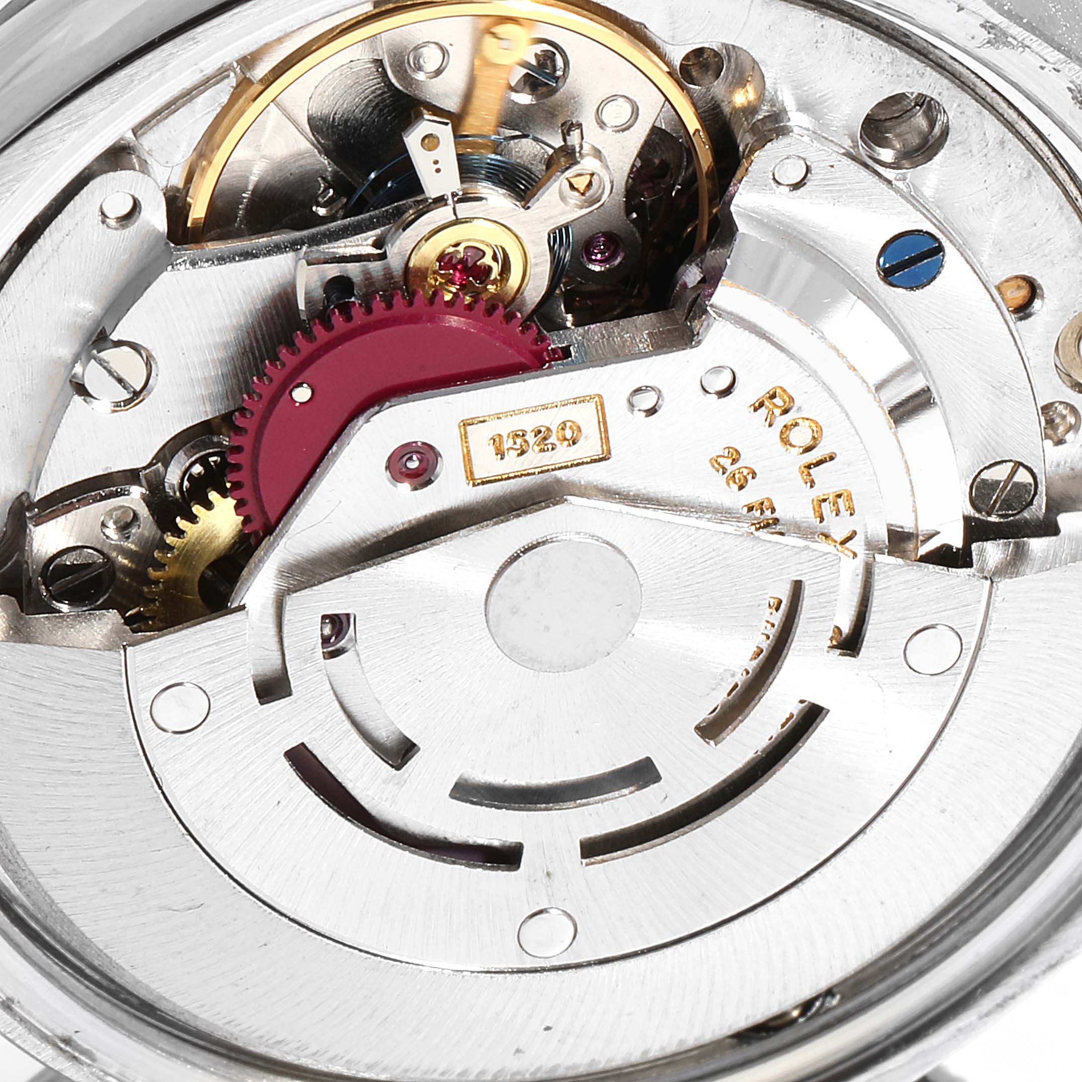 Close-up image of the movement mechanism in the Rolex Air-King 5700 Men's Stainless Steel Silver Dial 5700 Men's Stainless Steel Silver Dial watch, showcasing gears and internal components.