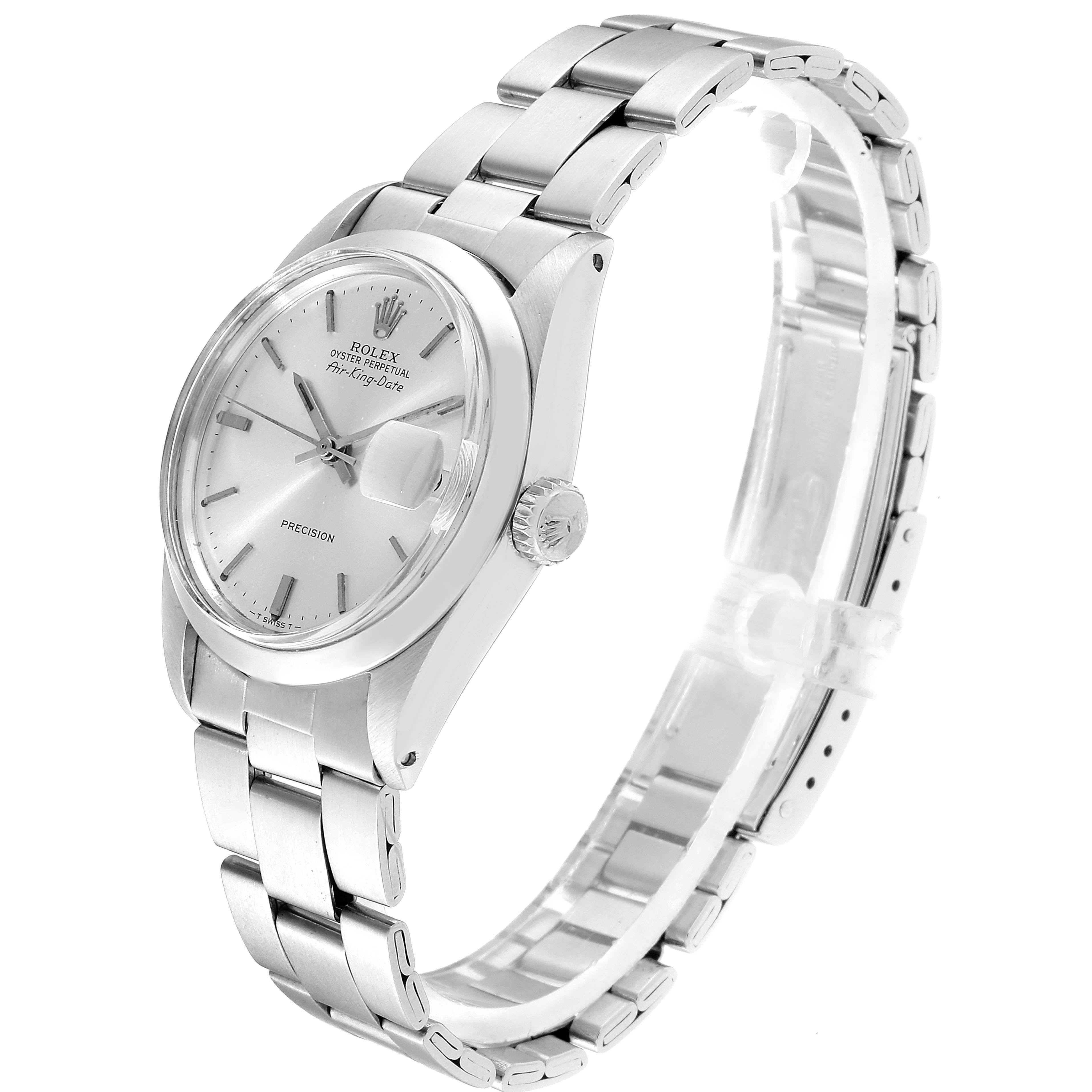 The image shows the Rolex Air-King 5700 Men's Stainless Steel Silver Dial 5700 Men's Stainless Steel Silver Dial watch from a 3/4 angle, highlighting the face, crown, and bracelet.