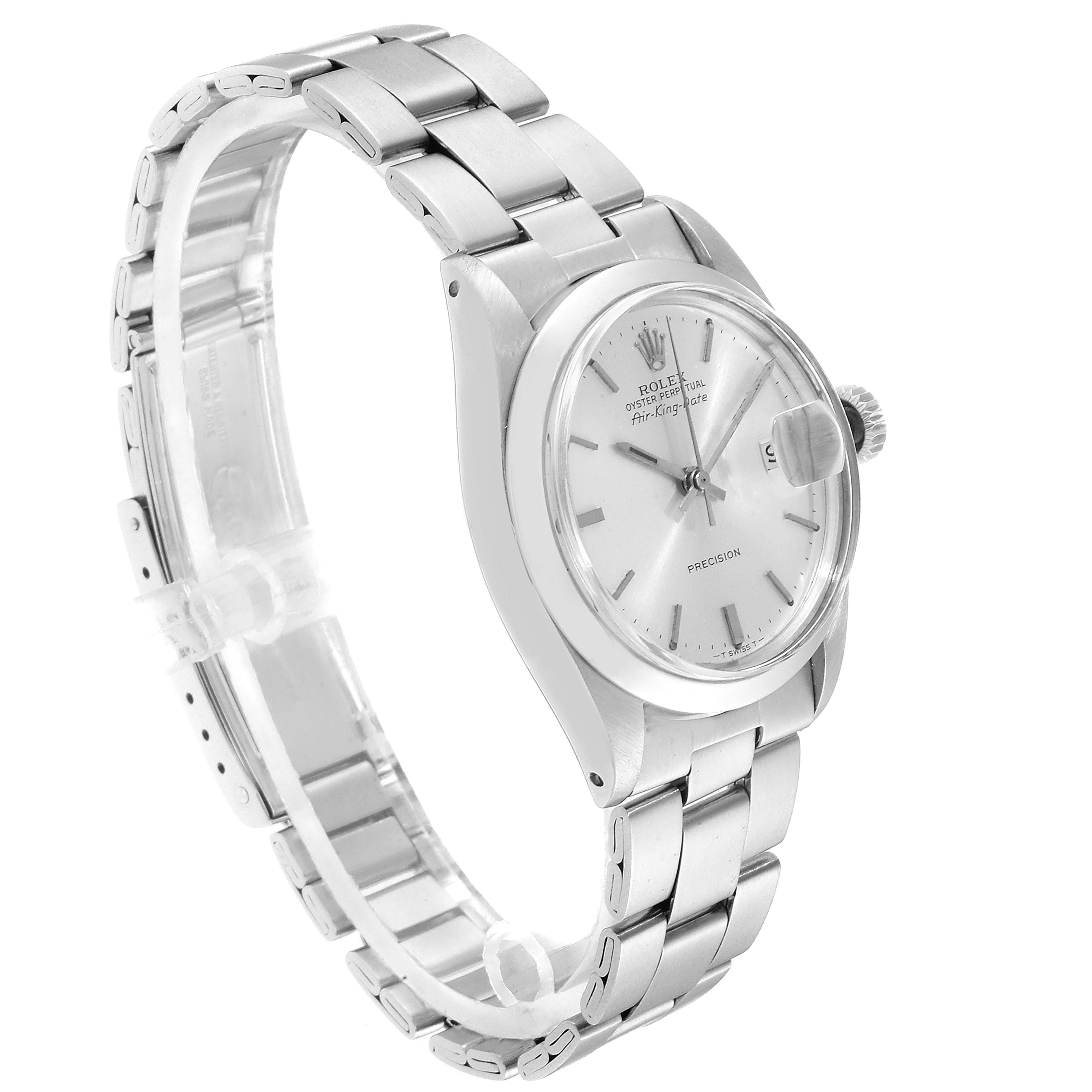 The image shows a side angle of an Air-King model Rolex watch, highlighting its dial, bracelet, and crown.