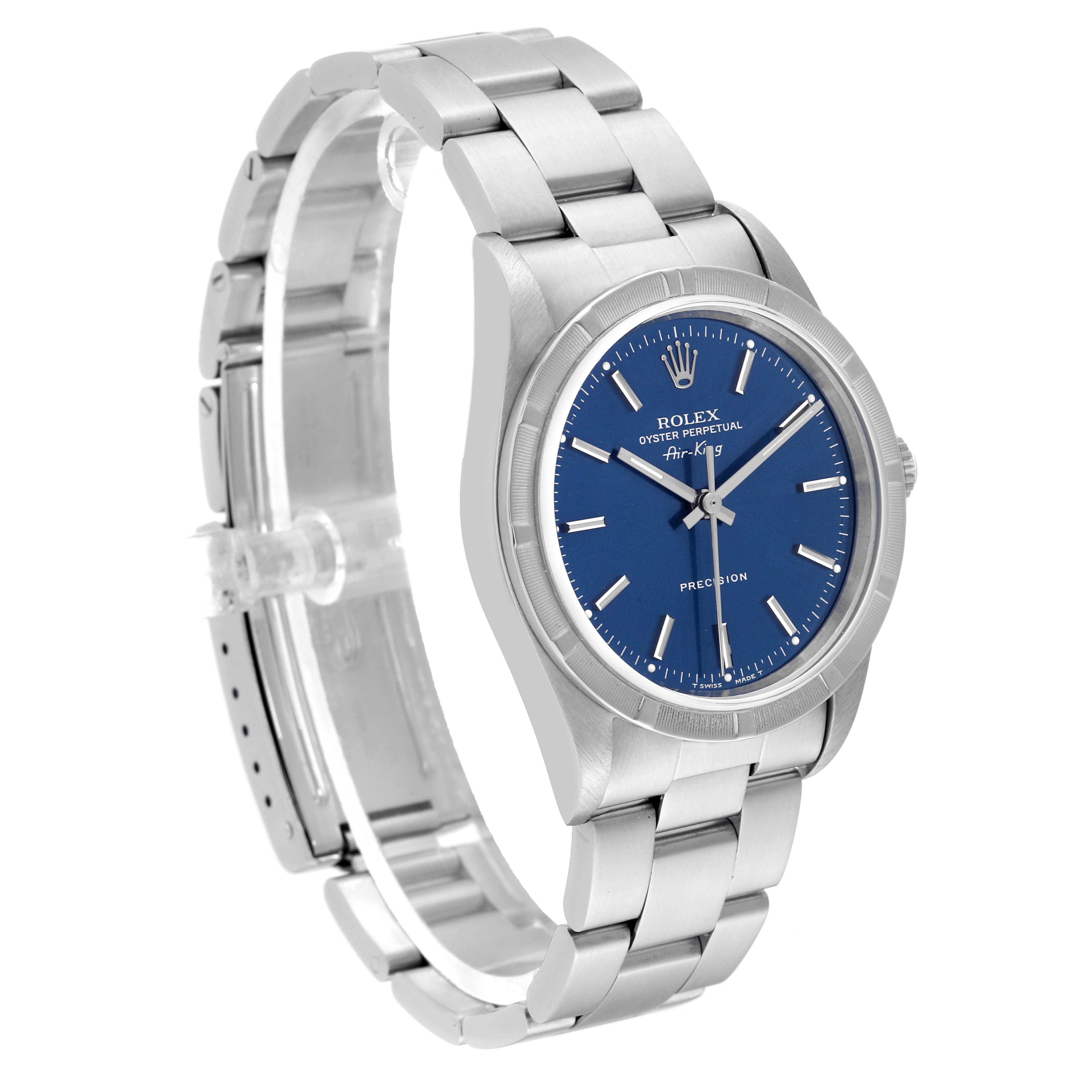 This Rolex Air-King 14010 Men's Stainless Steel Blue Dial 14010 Men's Stainless Steel Blue Dial watch is shown at a three-quarter angle, displaying its blue dial, silver bracelet, and clasp.