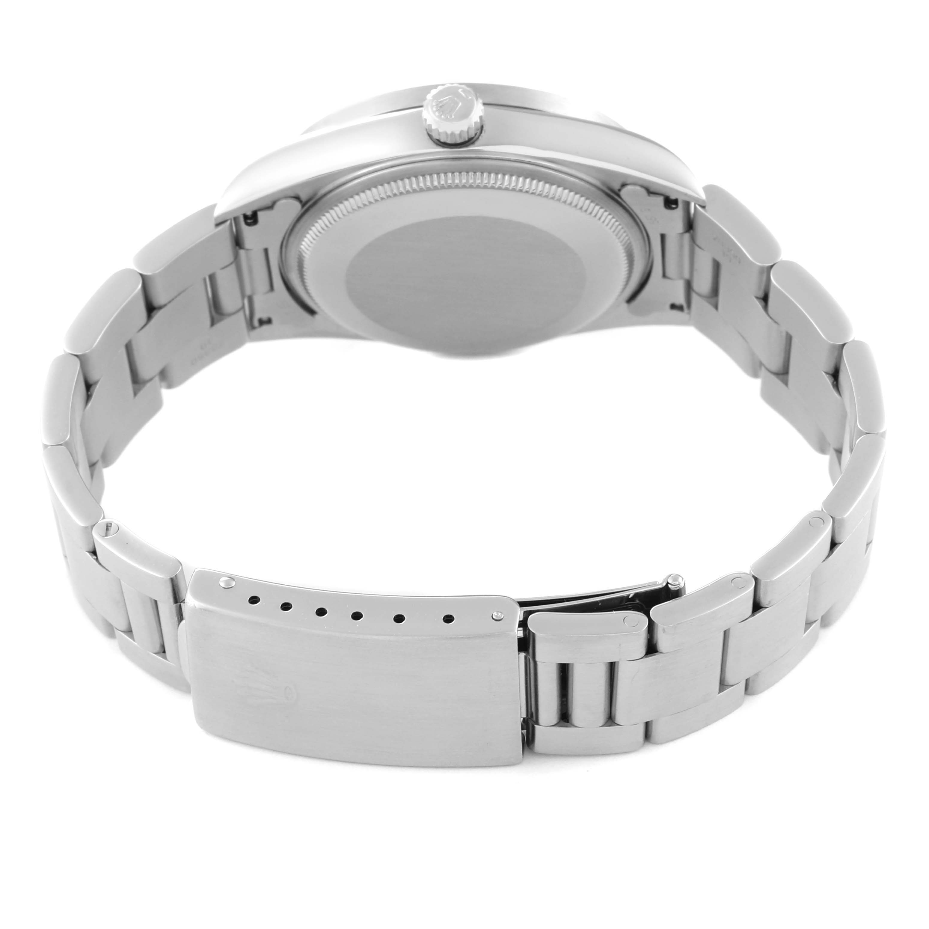 This image shows the back and clasp of a Rolex Air-King 14010 Men's Stainless Steel Blue Dial 14010 Men's Stainless Steel Blue Dial watch, with a focus on the bracelet and case back.