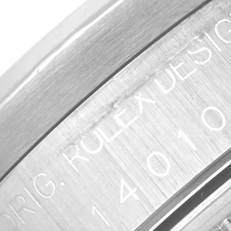 This image shows a close-up of the engraved case back of the Rolex Air-King 14010 Men's Stainless Steel Blue Dial 14010 Men's Stainless Steel Blue Dial watch.