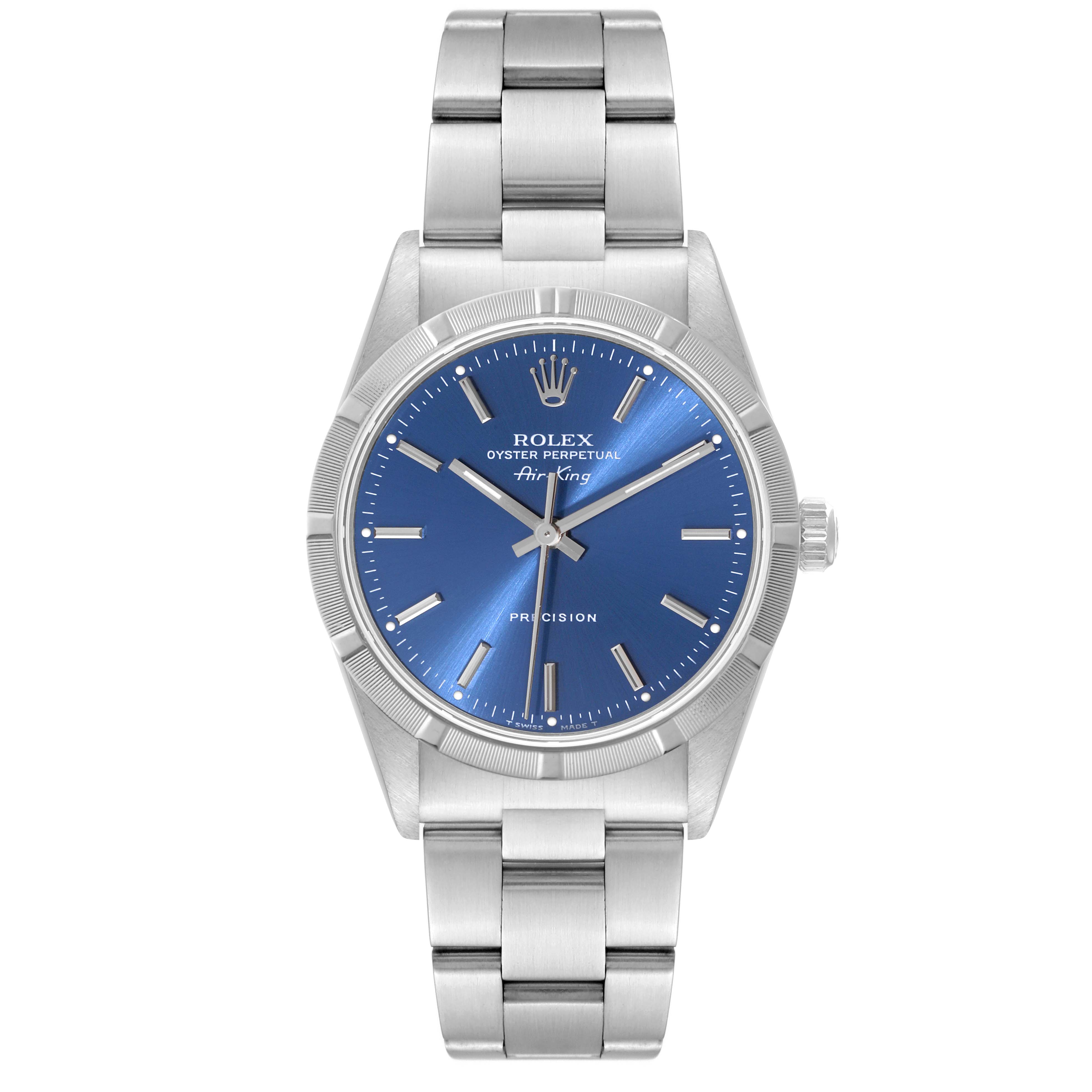 The Rolex Air-King 14010 Men's Stainless Steel Blue Dial 14010 Men's Stainless Steel Blue Dial watch is shown from a front angle, displaying the dial, bezel, and bracelet.