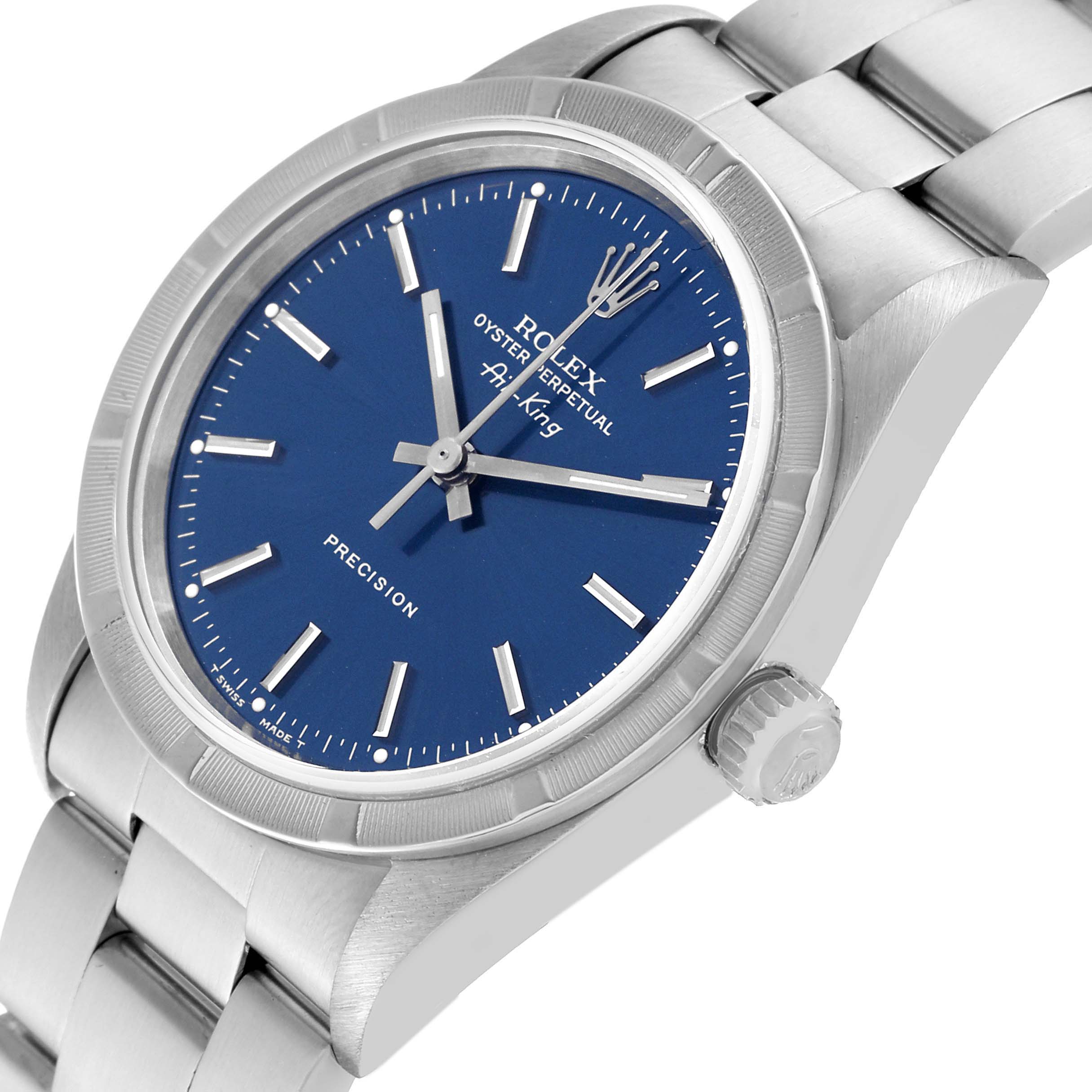 The image shows a Rolex Air-King 14010 Men's Stainless Steel Blue Dial 14010 Men's Stainless Steel Blue Dial watch angled to display the dial, crown, and bracelet.