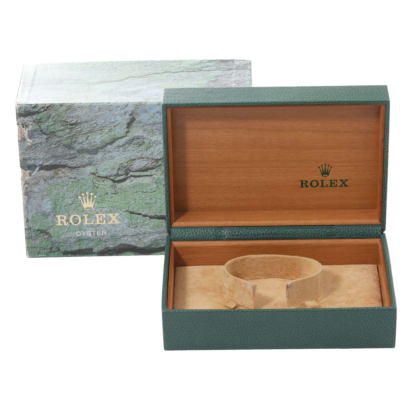 The image shows a green Rolex box and its open interior, designed to hold an Air-King model watch by Rolex.