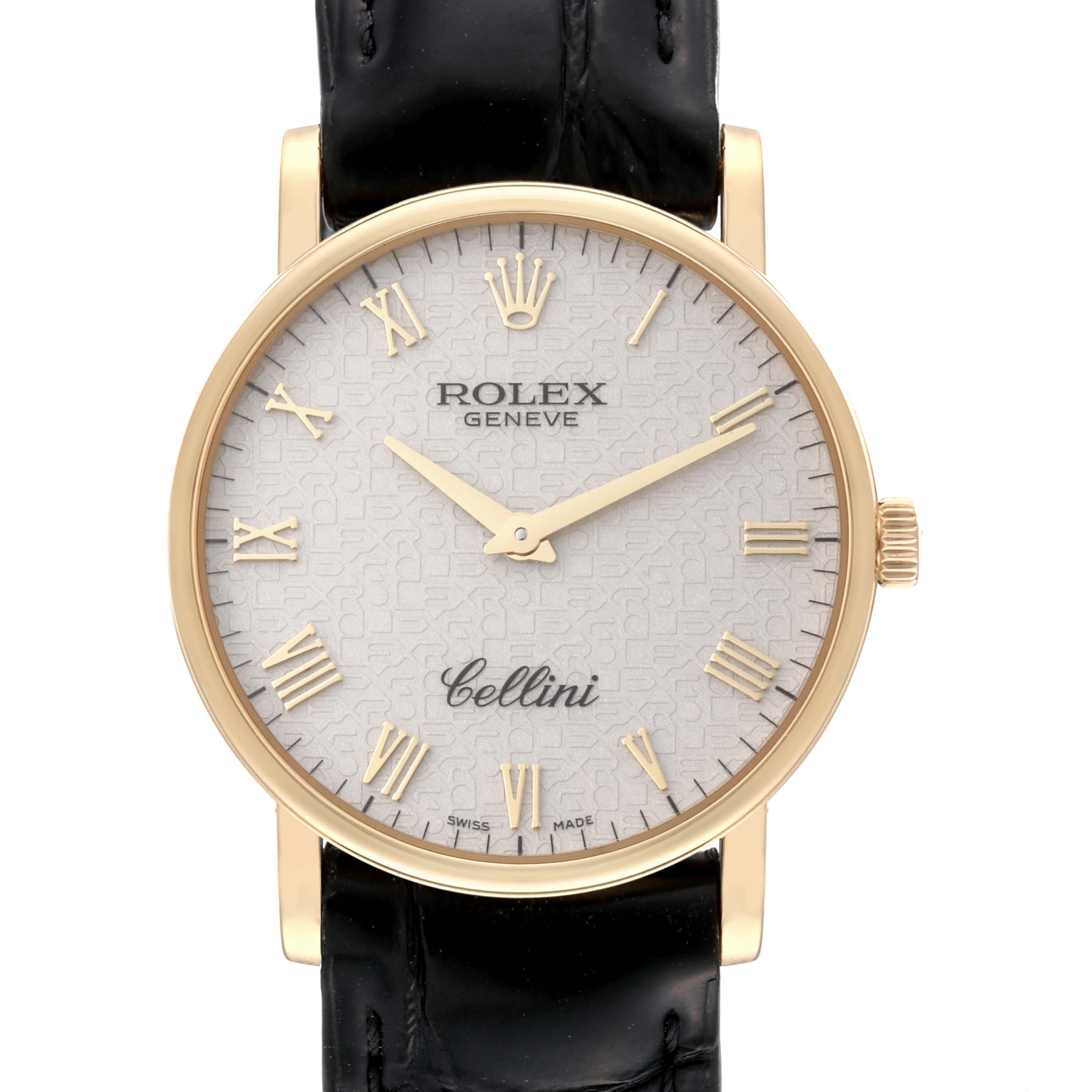 This image shows the front view of a Rolex Cellini 5115/8 Men's Yellow Gold White Dial 5115/8 Men's Yellow Gold White Dial watch, highlighting its dial, hands, and leather strap.