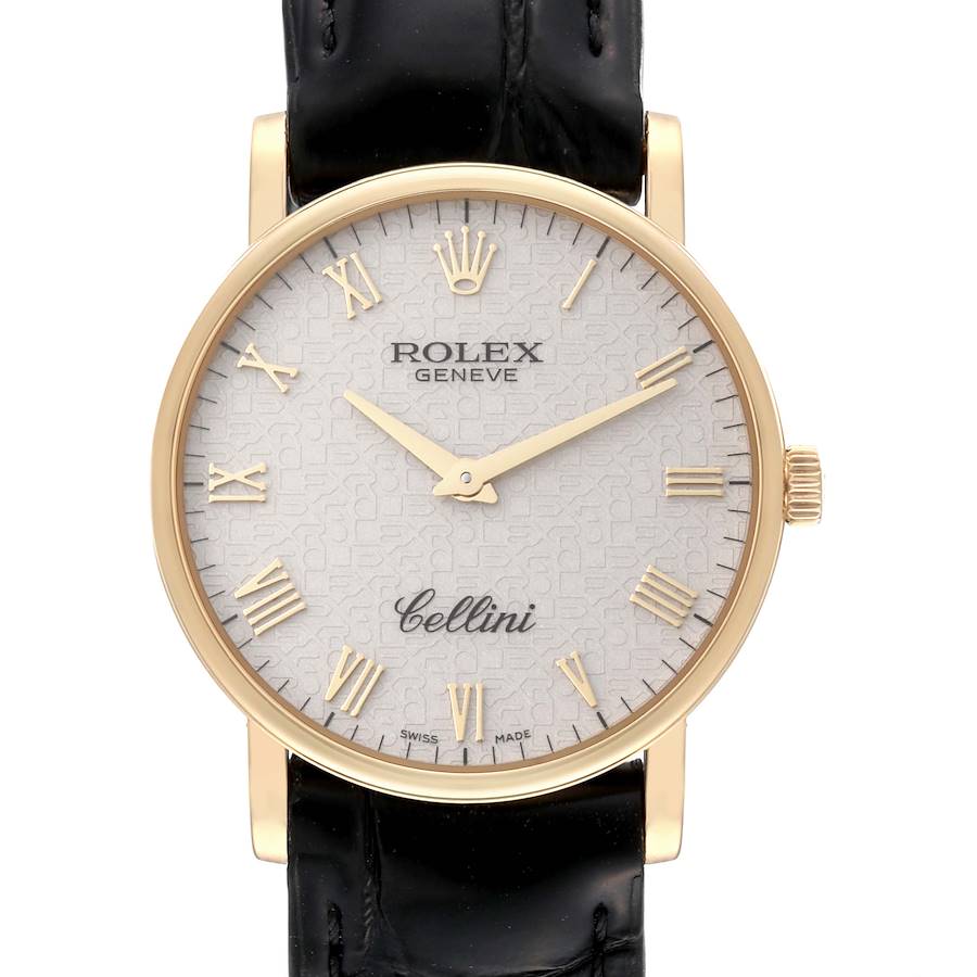 This image shows the front view of a Rolex Cellini watch, highlighting its dial, hands, and leather strap.