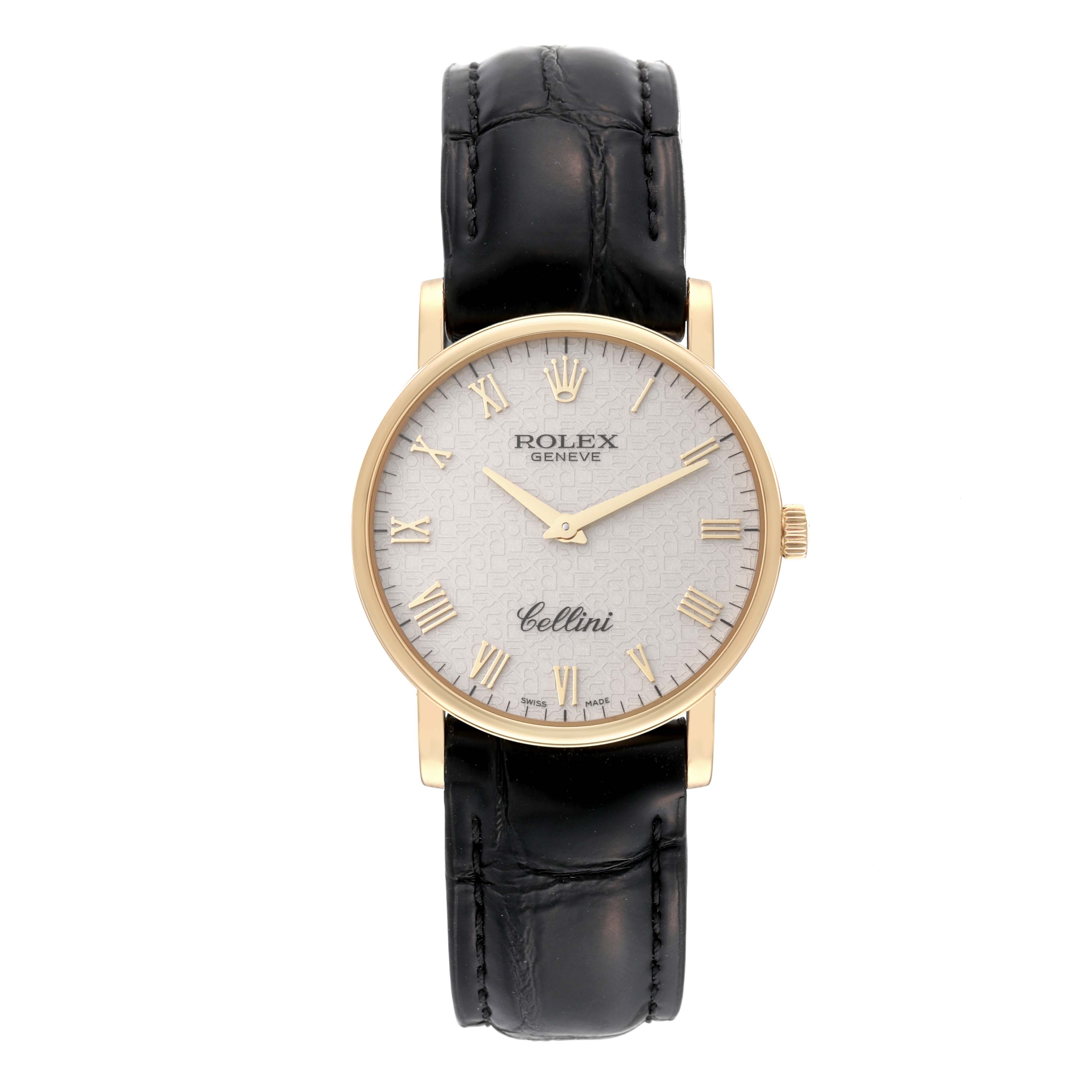 The image shows a front view of a Rolex Cellini 5115/8 Men's Yellow Gold White Dial 5115/8 Men's Yellow Gold White Dial watch, highlighting its face, Roman numerals, and black leather strap.
