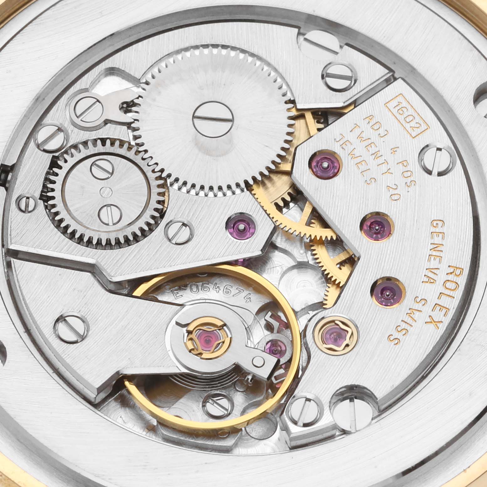 This close-up image shows the intricate internal movement parts of a Rolex Cellini 5115/8 Men's Yellow Gold White Dial 5115/8 Men's Yellow Gold White Dial model watch.