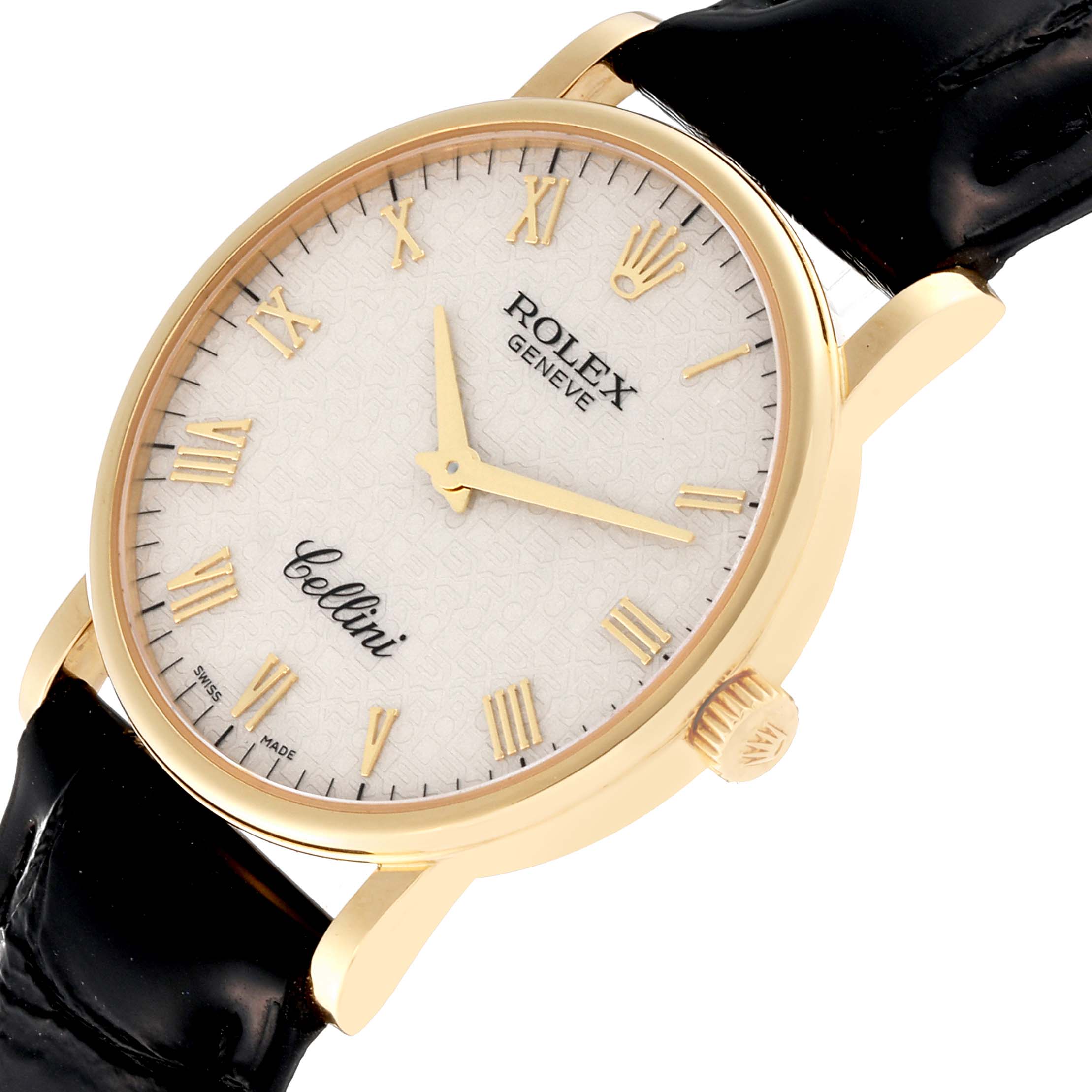 The Rolex Cellini 5115/8 Men's Yellow Gold White Dial 5115/8 Men's Yellow Gold White Dial watch is shown at a slight angled view, displaying the dial, crown, lugs, and part of the leather strap.