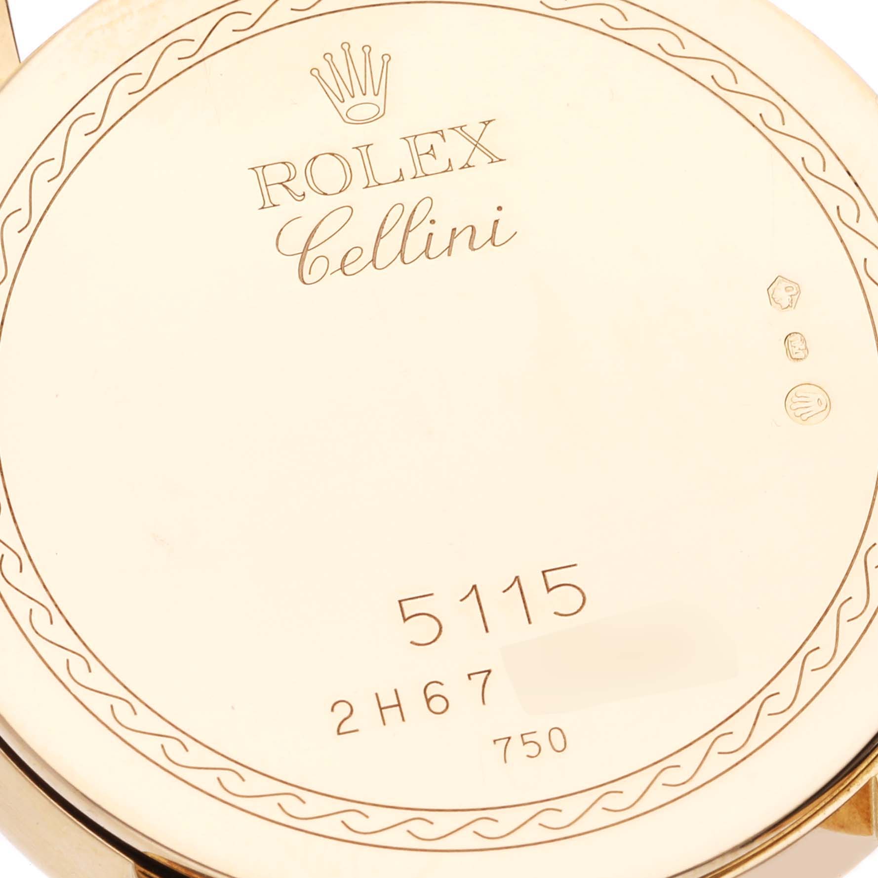 The image shows the case back of a Rolex Cellini 5115/8 Men's Yellow Gold White Dial 5115/8 Men's Yellow Gold White Dial watch, highlighting the engraved model number and hallmarks.
