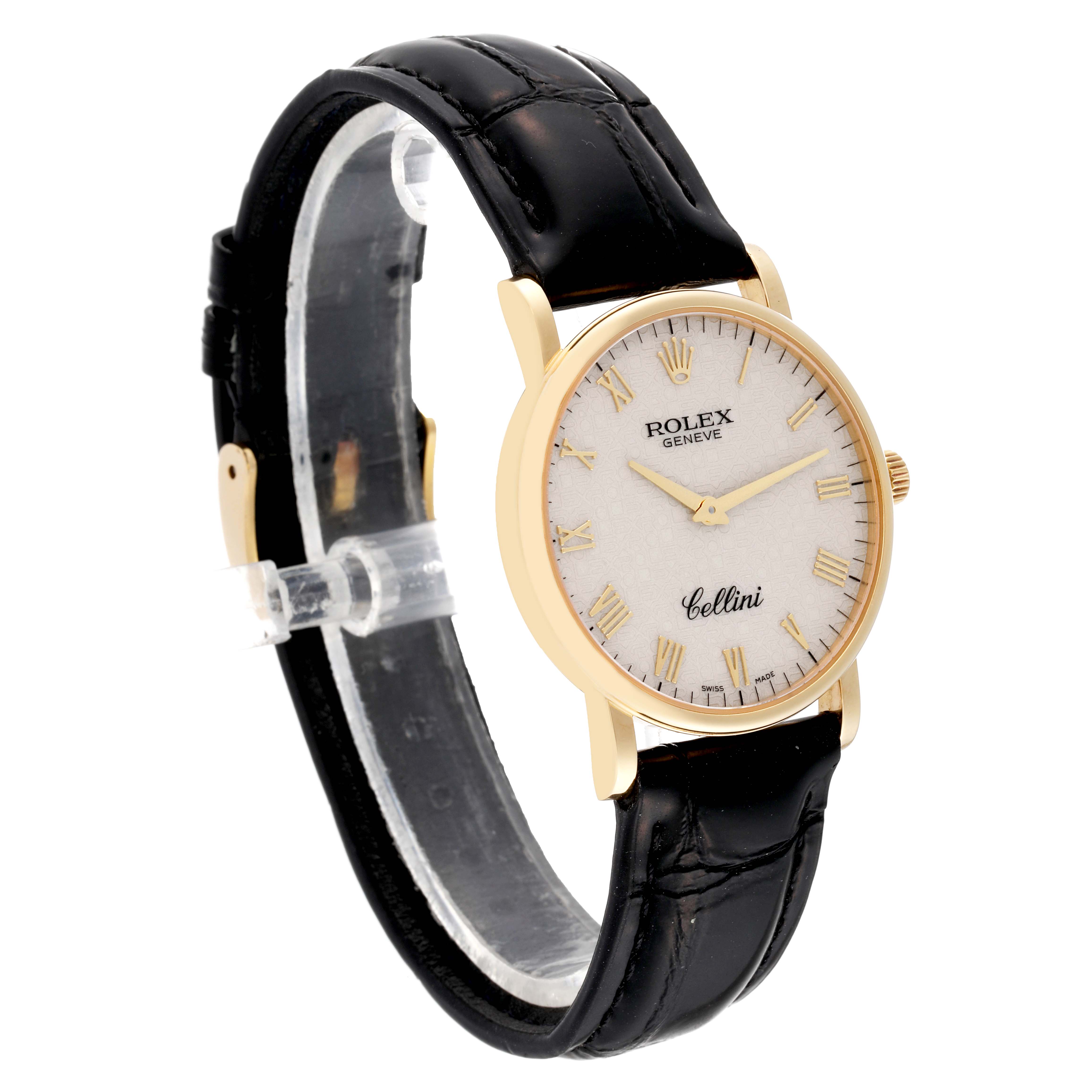 This image shows the Rolex Cellini 5115/8 Men's Yellow Gold White Dial 5115/8 Men's Yellow Gold White Dial watch from a three-quarter angle, highlighting the face, black leather strap, and gold case.