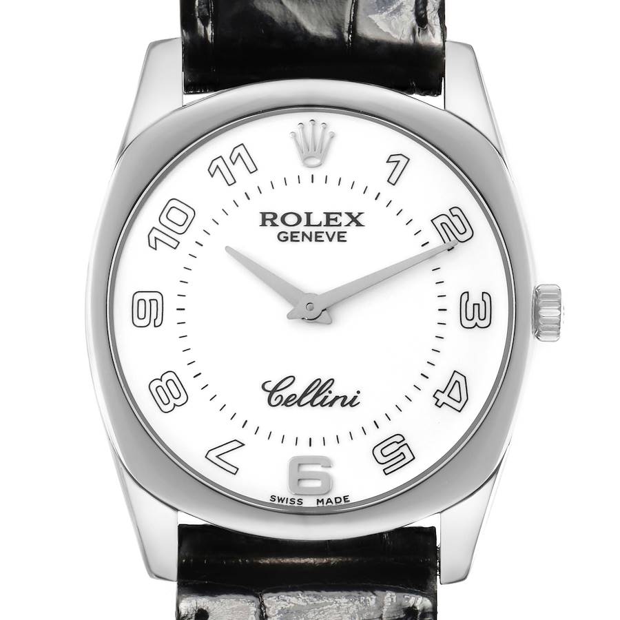 The Rolex Cellini watch is shown from a front angle, highlighting the dial, bezel, crown, and part of the leather strap.