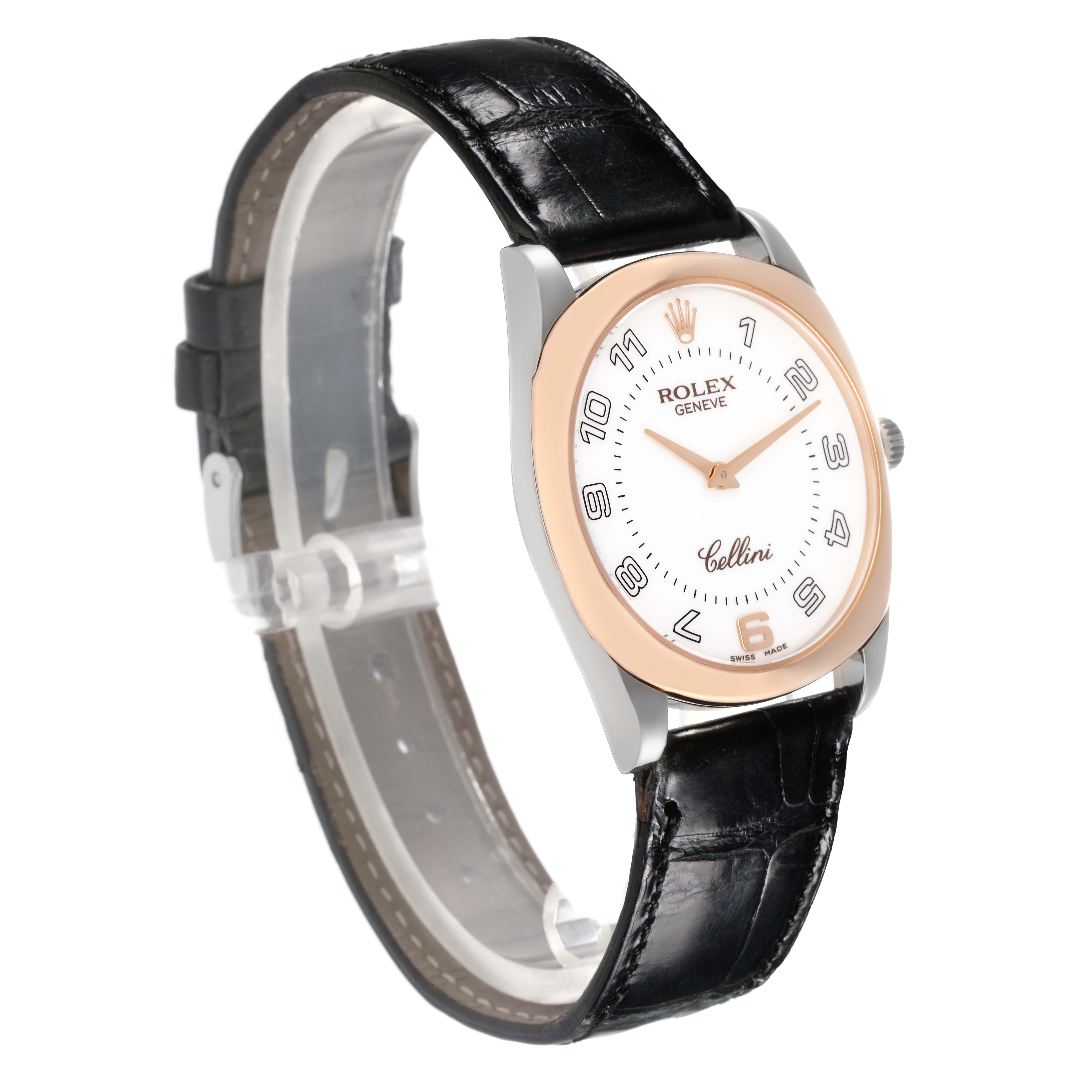 The Rolex Cellini 4233/9BIC Men
s White Gold White Dial 4233/9BIC Men
s White Gold White Dial watch is shown at a three-quarter angle, displaying the face, case, crown, and leather strap.