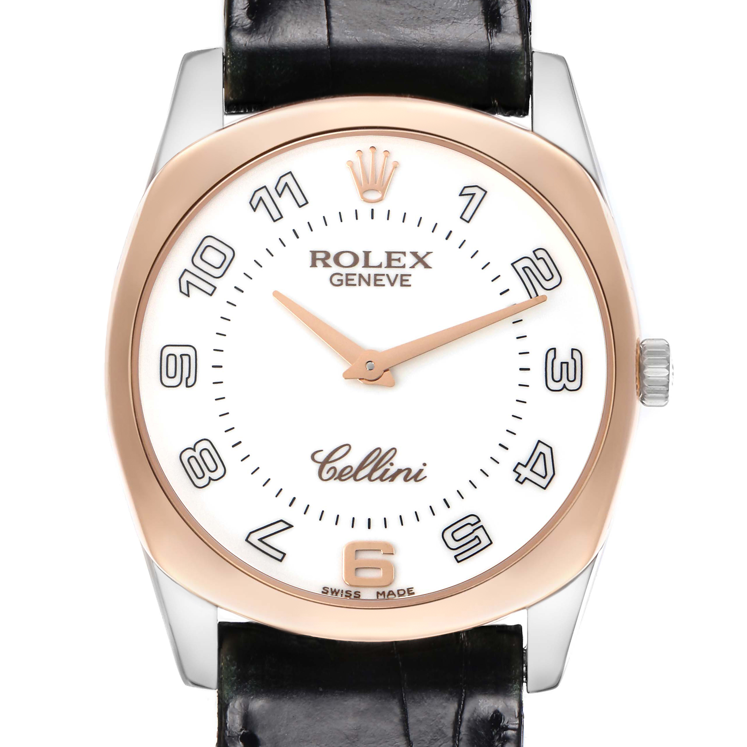 The Rolex Cellini 4233/9BIC Men
s White Gold White Dial 4233/9BIC Men
s White Gold White Dial watch is shown from a front angle, featuring its face, bezel, and part of the strap.
