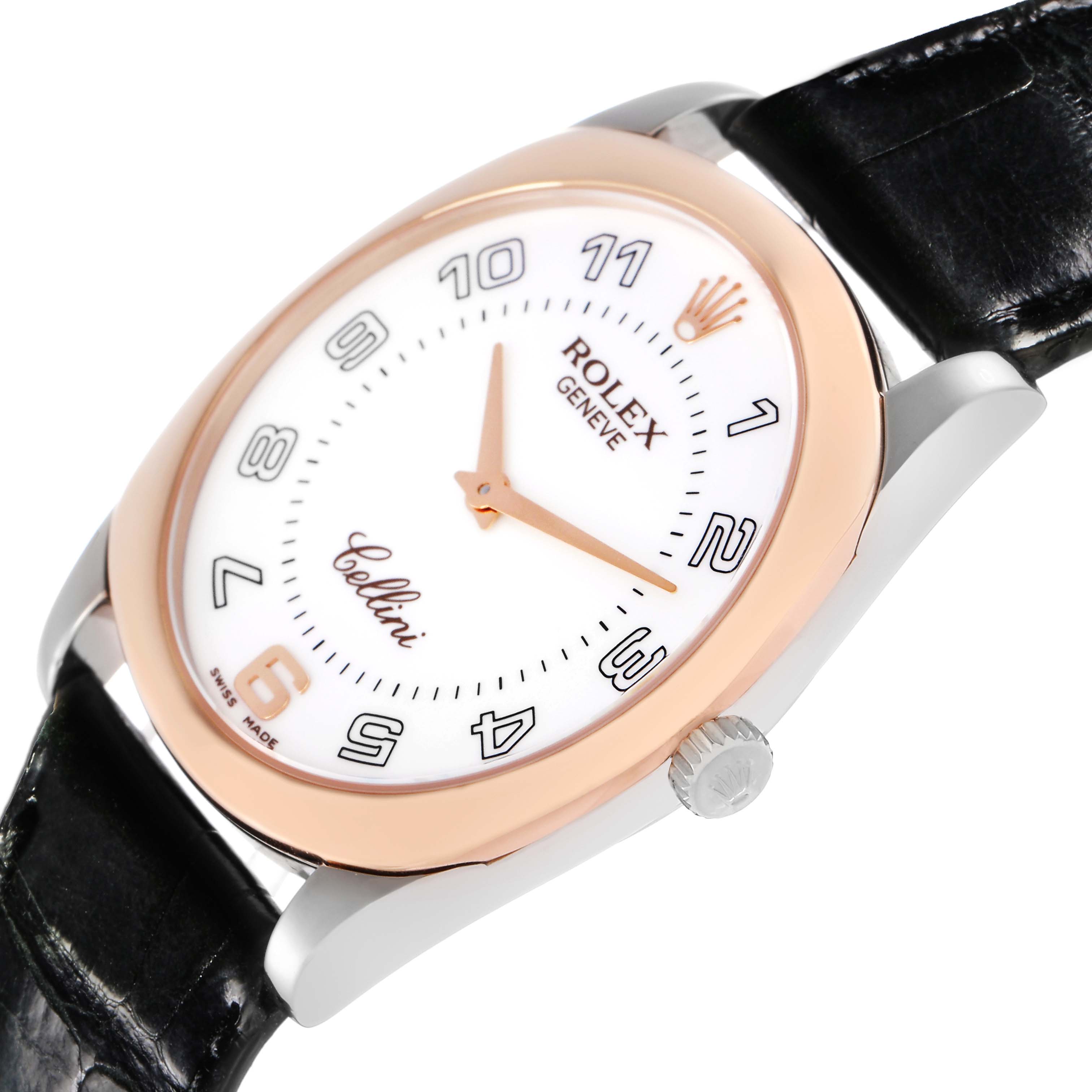 The Rolex Cellini 4233/9BIC Men
s White Gold White Dial 4233/9BIC Men
s White Gold White Dial watch is shown at an oblique angle, highlighting the dial, bezel, crown, and black leather strap.