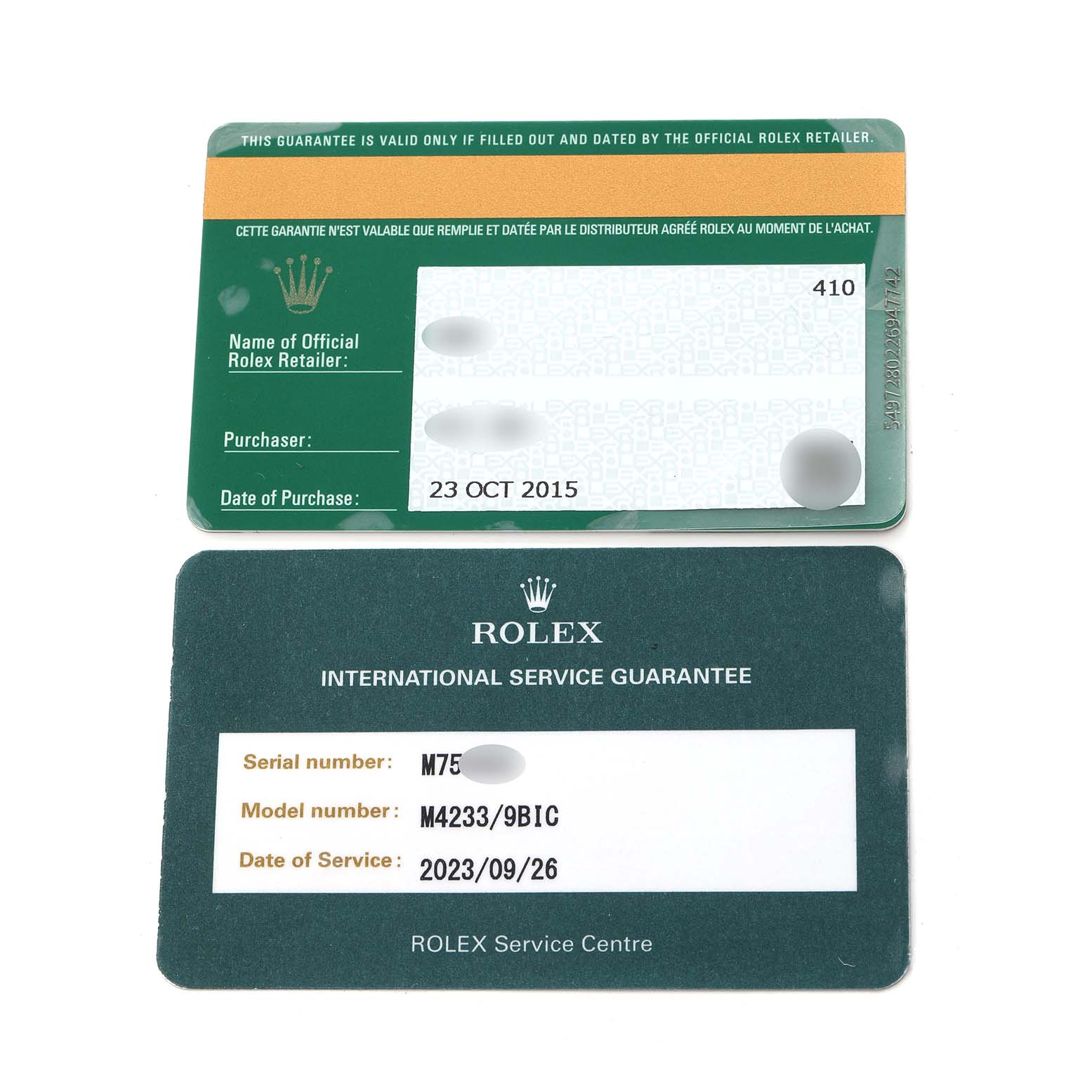 The image shows two warranty cards for the Rolex Cellini 4233/9BIC Men
s White Gold White Dial 4233/9BIC Men
s White Gold White Dial model, displaying purchase and service details.