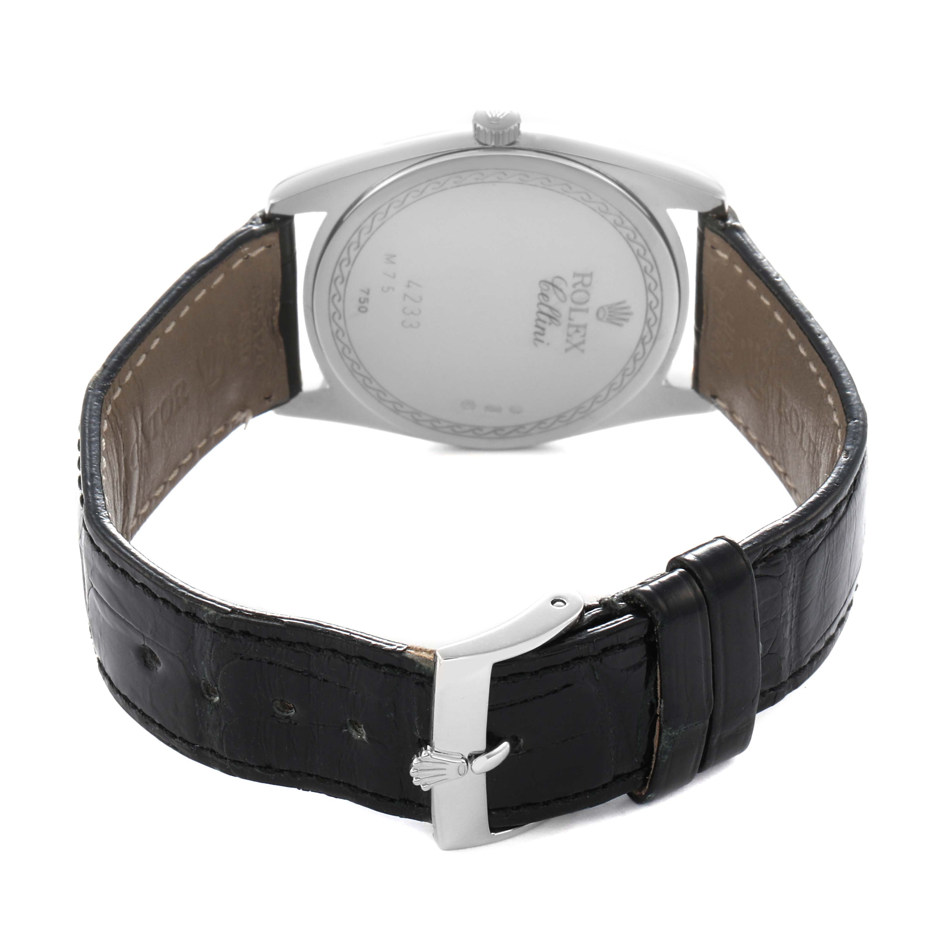 The image shows the back and side profile of a Rolex Cellini 4233/9BIC Men
s White Gold White Dial 4233/9BIC Men
s White Gold White Dial watch, highlighting the leather strap and buckle.