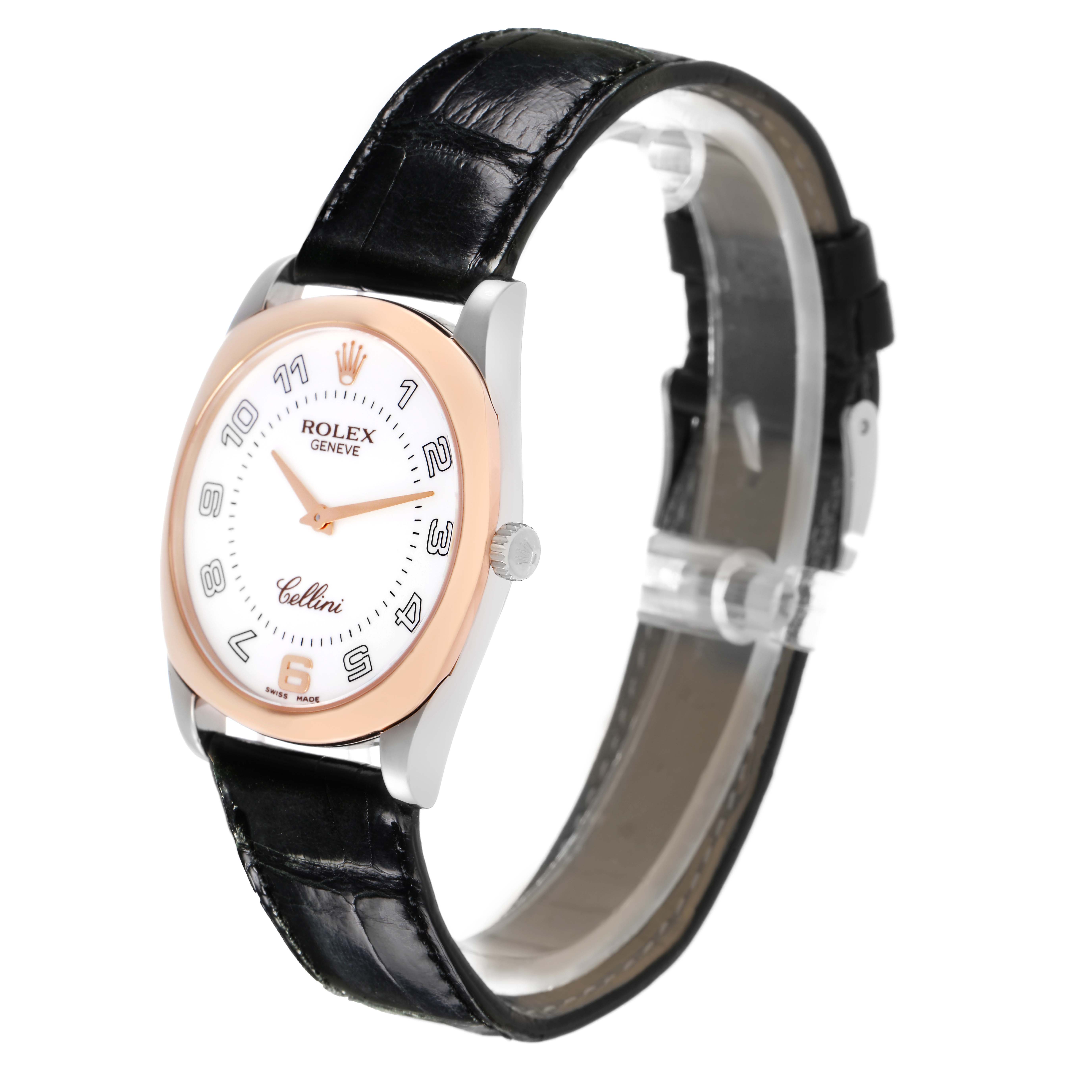 The Rolex Cellini 4233/9BIC Men
s White Gold White Dial 4233/9BIC Men
s White Gold White Dial watch is shown at an angle displaying the face, crown, and leather strap.