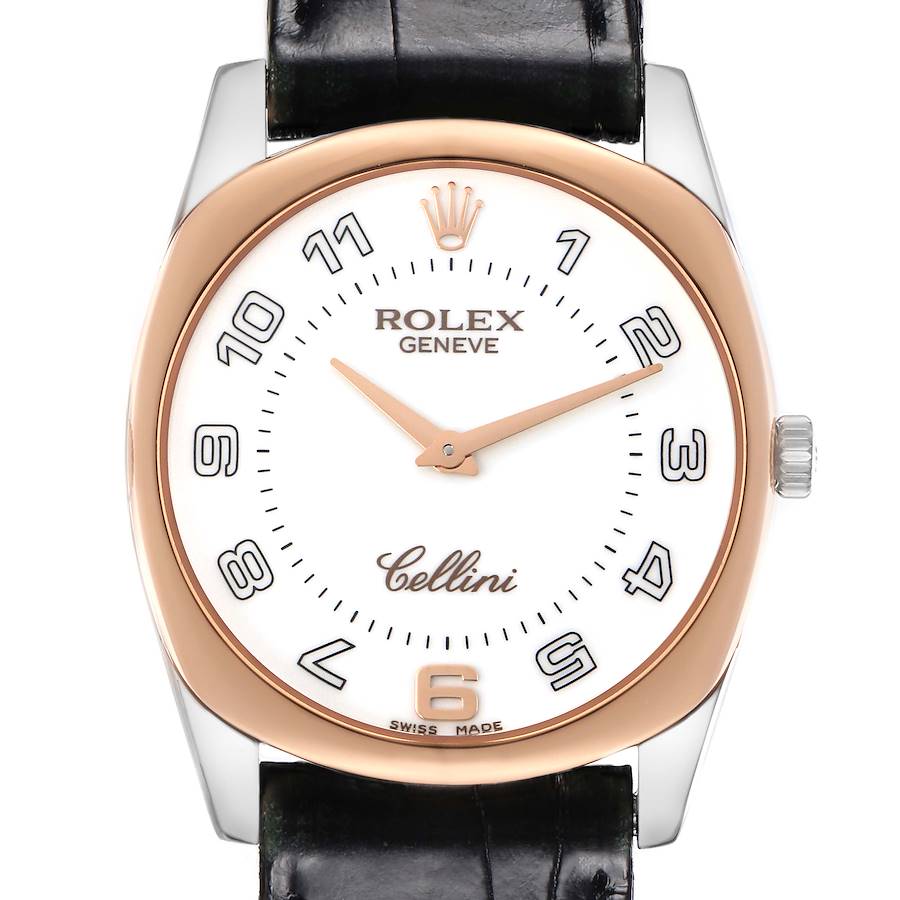 The Rolex Cellini watch is shown from a front angle, displaying the dial, crown, and leather strap.