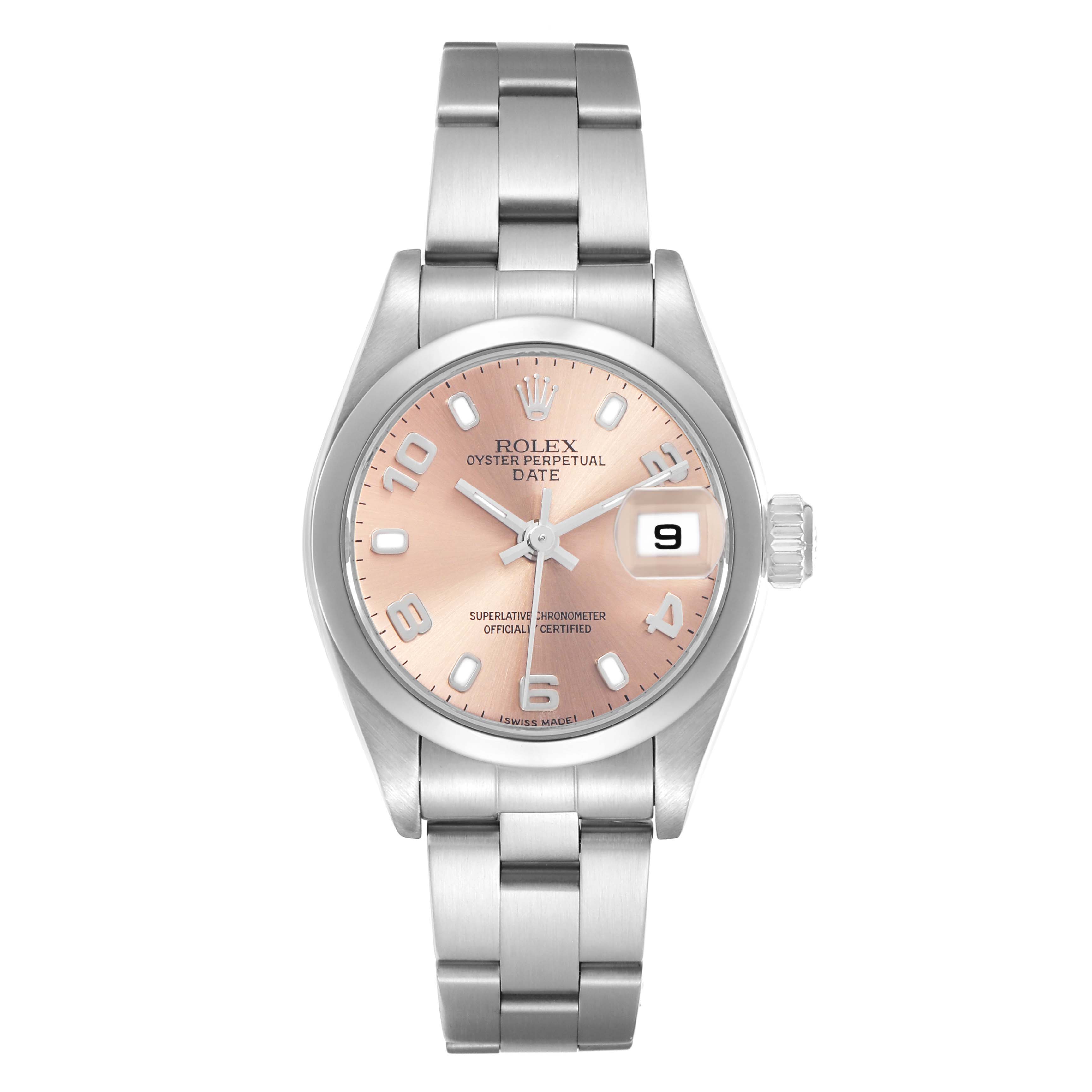 The Rolex Date 79160 Women
s Stainless Steel Pink Dial 79160 Women
s Stainless Steel Pink Dial model is shown from a front angle, displaying the dial, bracelet, bezel, and crown.