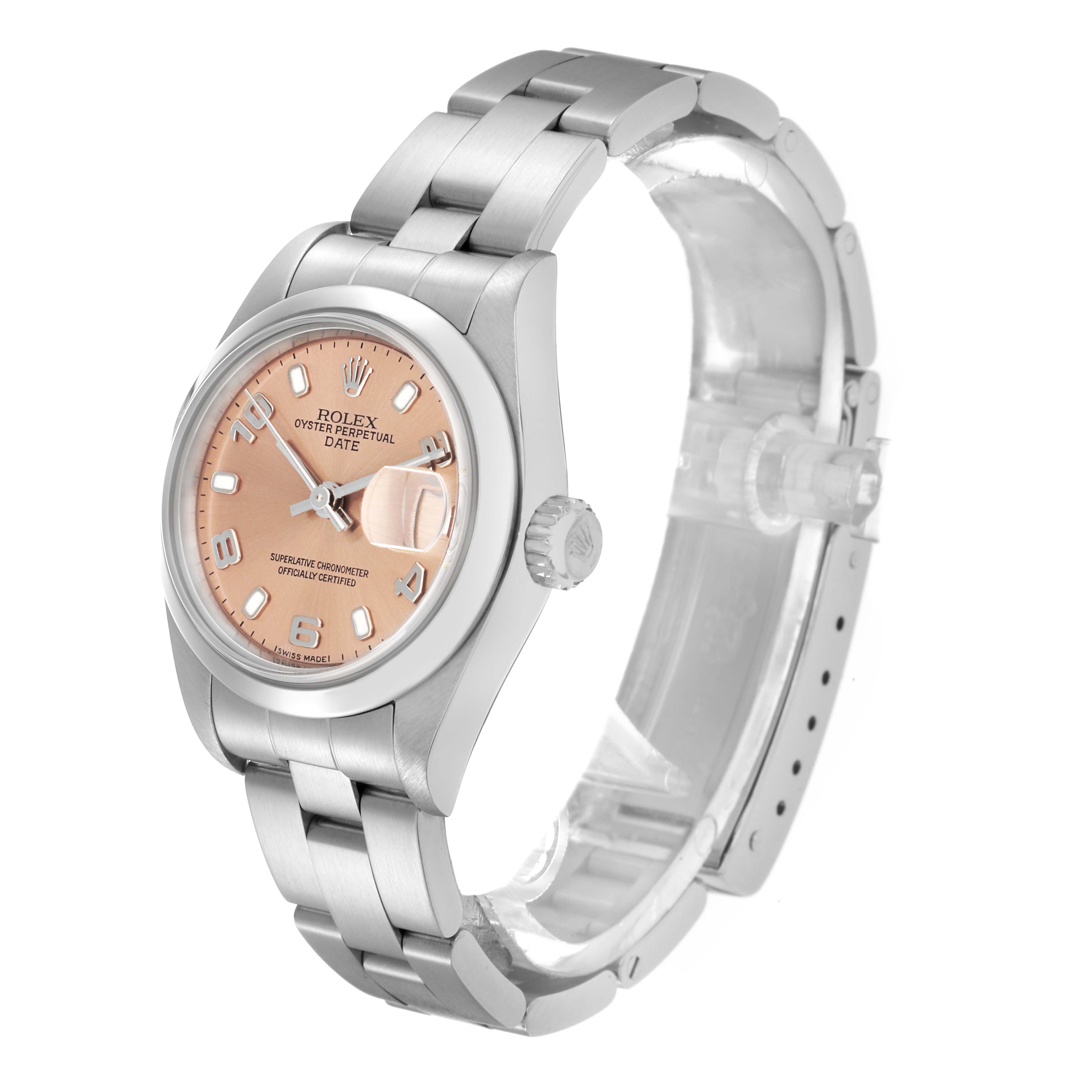 The Rolex Date 79160 Women
s Stainless Steel Pink Dial 79160 Women
s Stainless Steel Pink Dial model watch is shown at a side angle, displaying its dial, bezel, bracelet, crown, and clasp.