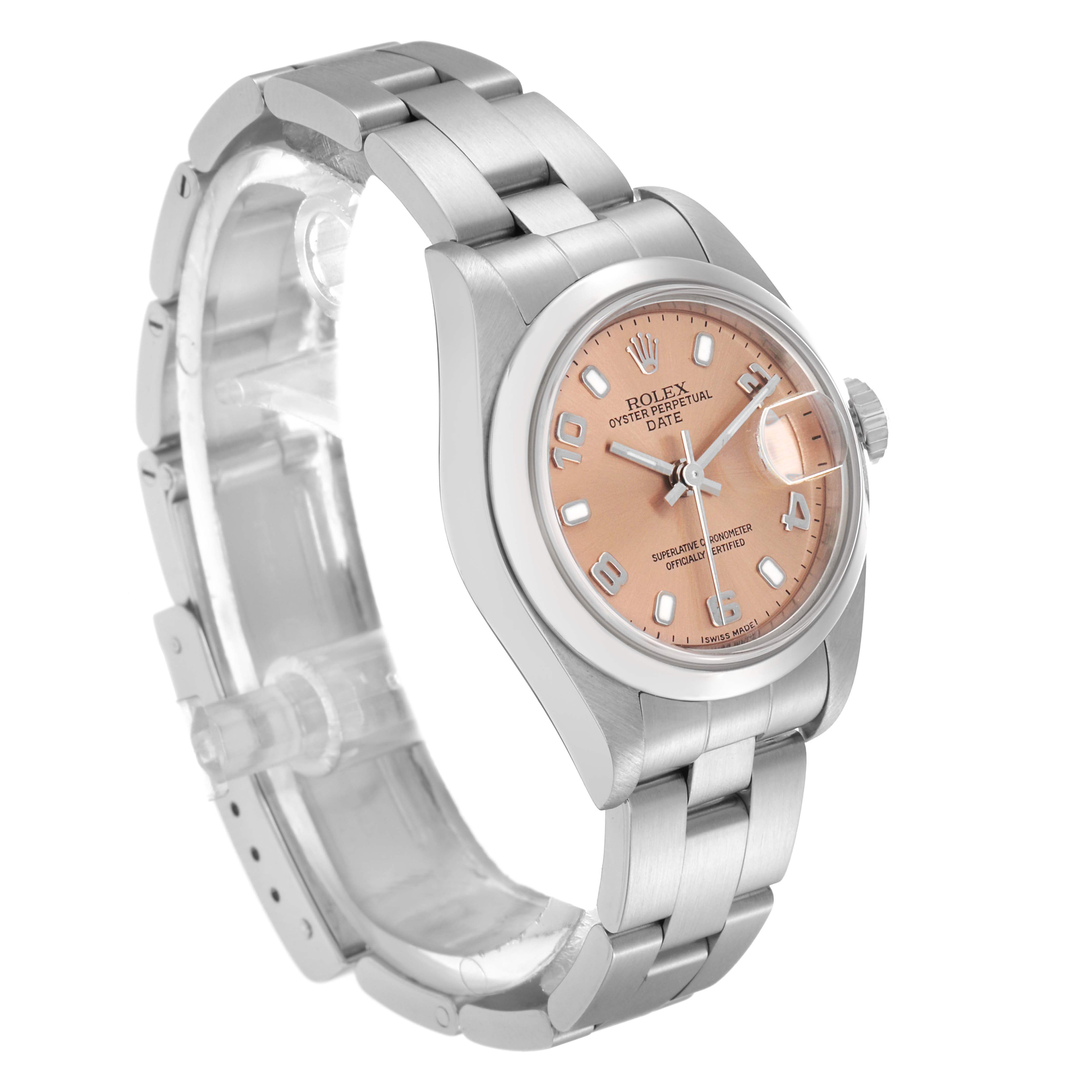 The Rolex Date 79160 Women
s Stainless Steel Pink Dial 79160 Women
s Stainless Steel Pink Dial watch is shown at a three-quarter angle, displaying the face, bezel, bracelet, and partially visible bracelet clasp.