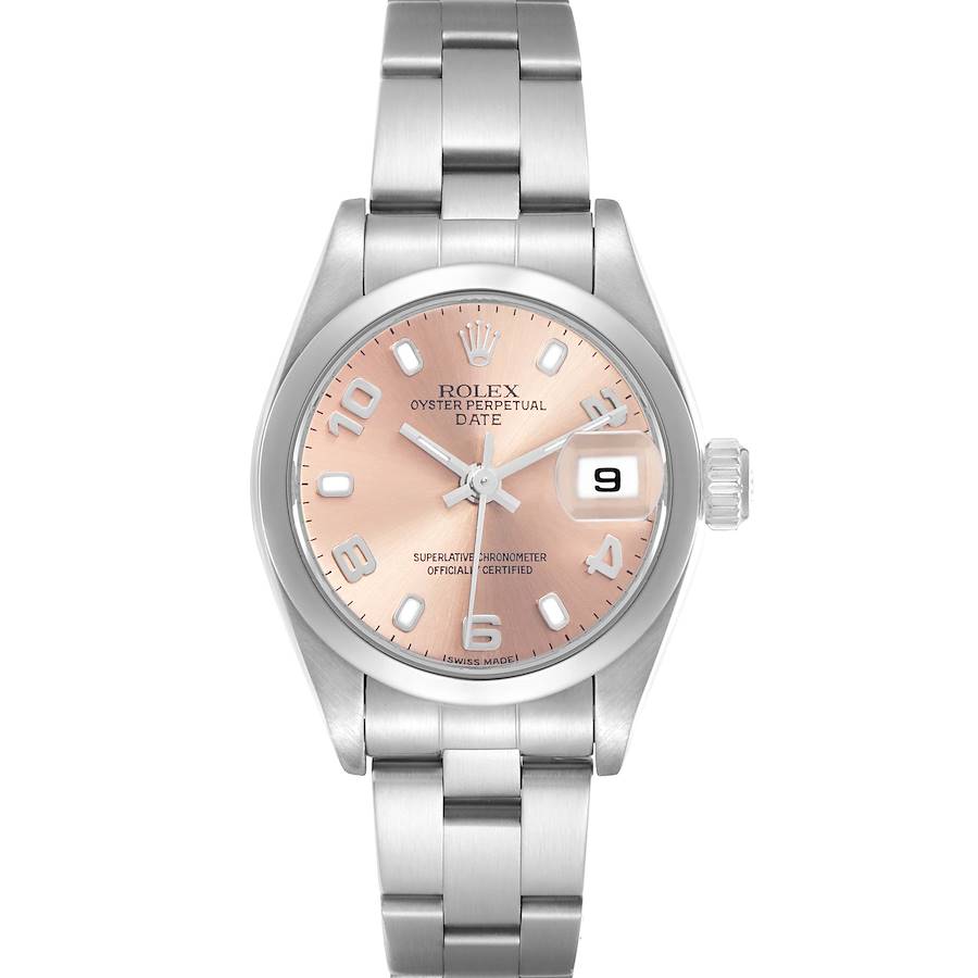 The Rolex Date model is shown from a front angle, displaying the dial, crown, and bracelet.