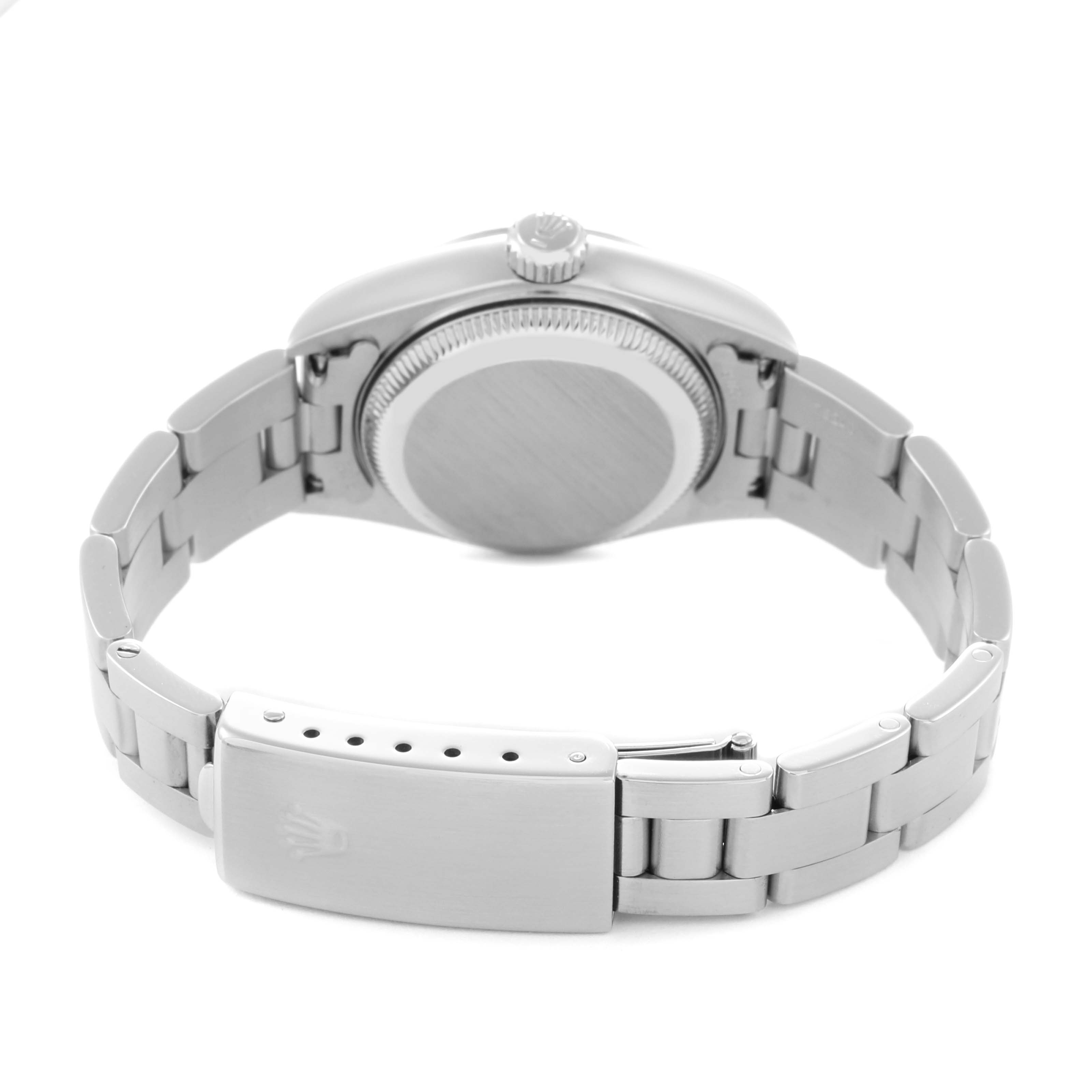 The image shows the back of the Rolex Date 79160 Women
s Stainless Steel Pink Dial 79160 Women
s Stainless Steel Pink Dial model, focusing on the case back, bracelet, and clasp.