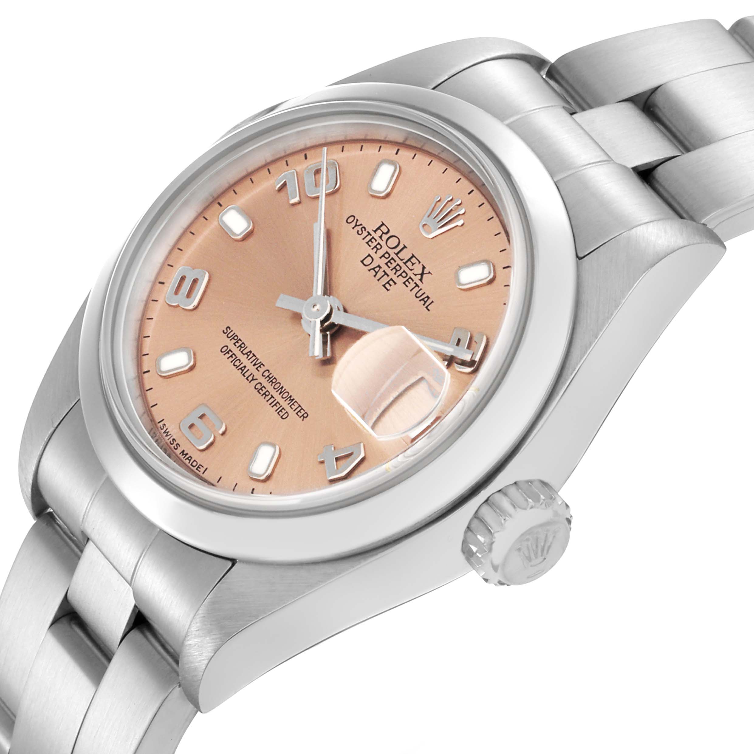 The Rolex Date 79160 Women
s Stainless Steel Pink Dial 79160 Women
s Stainless Steel Pink Dial watch is shown at an angled view featuring its dial, bezel, crown, and part of the bracelet.