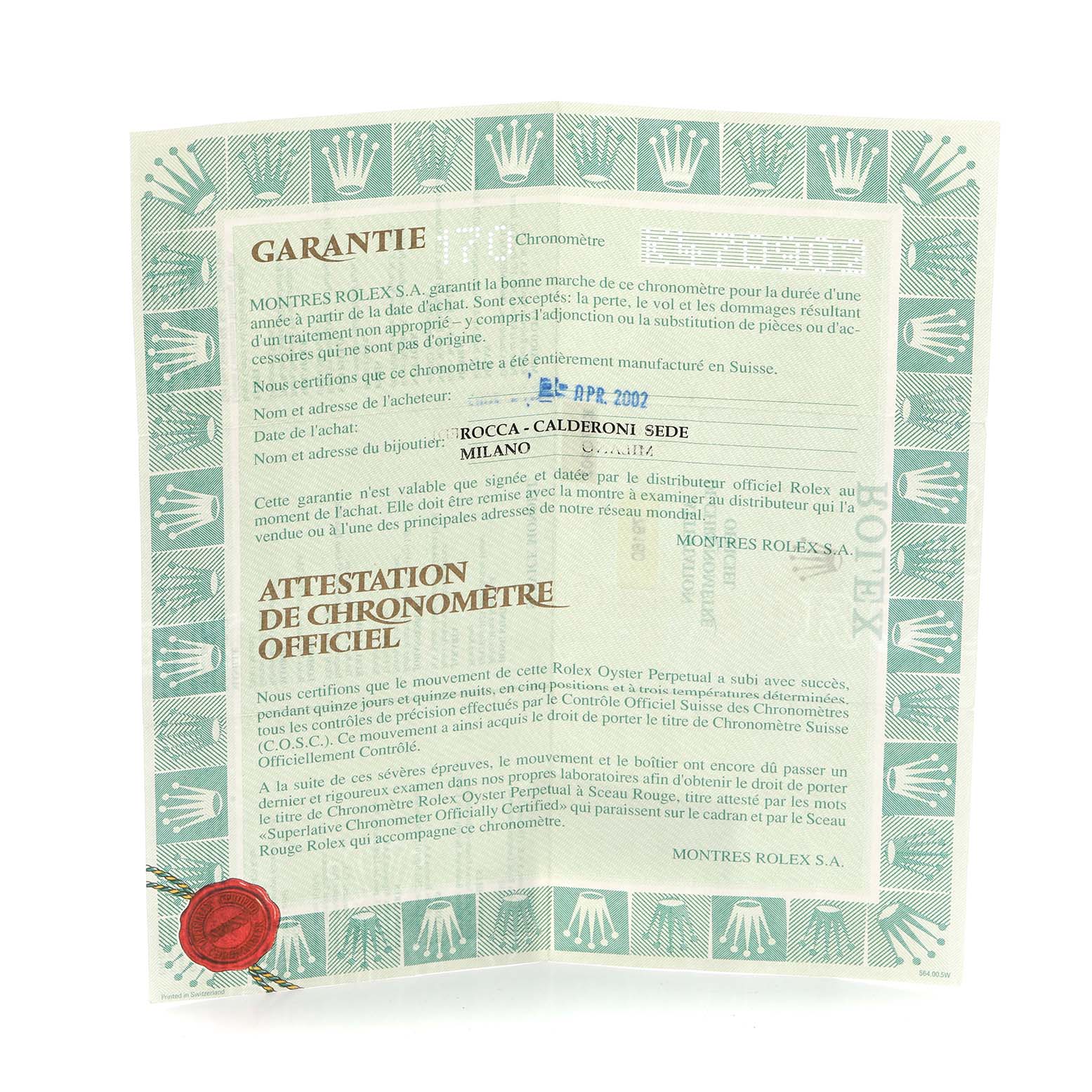 The image shows a warranty certificate for a Rolex Date 79160 Women
s Stainless Steel Pink Dial 79160 Women
s Stainless Steel Pink Dial model.