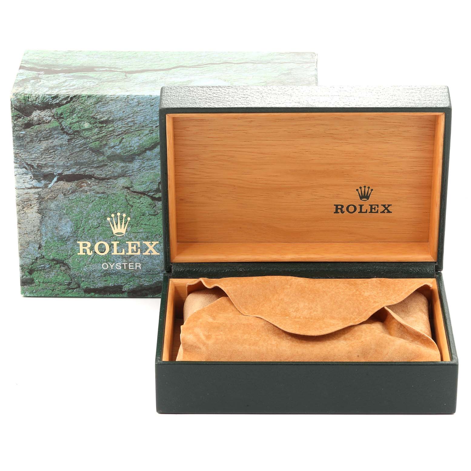 This image shows an empty Rolex Date 15200 Men's Stainless Steel Blue Dial 15200 Men's Stainless Steel Blue Dial model watch box with a wooden interior and a cushioned compartment.