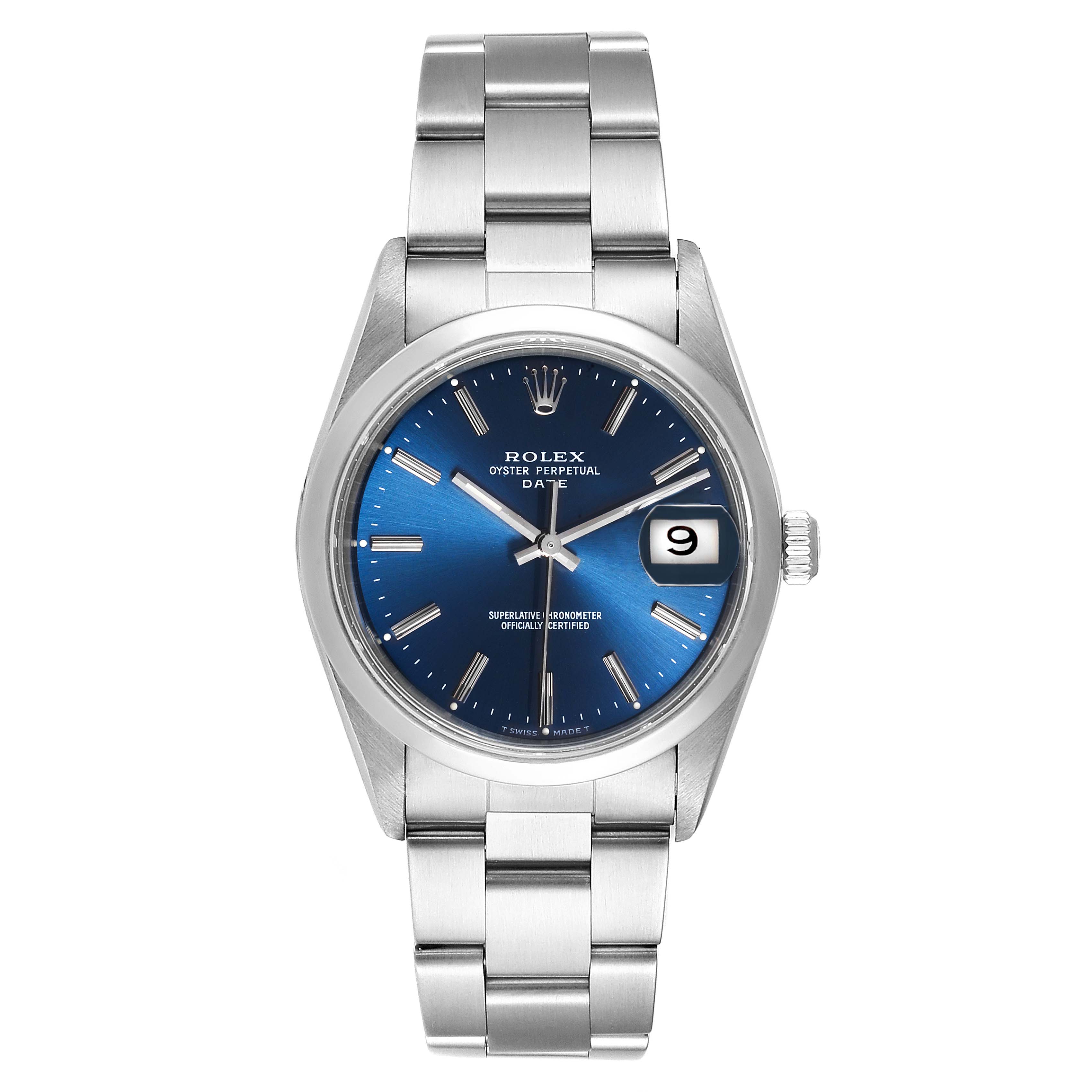The Rolex Date 15200 Men's Stainless Steel Blue Dial 15200 Men's Stainless Steel Blue Dial model is shown from a front angle, highlighting its dial, case, bracelet, and date display.