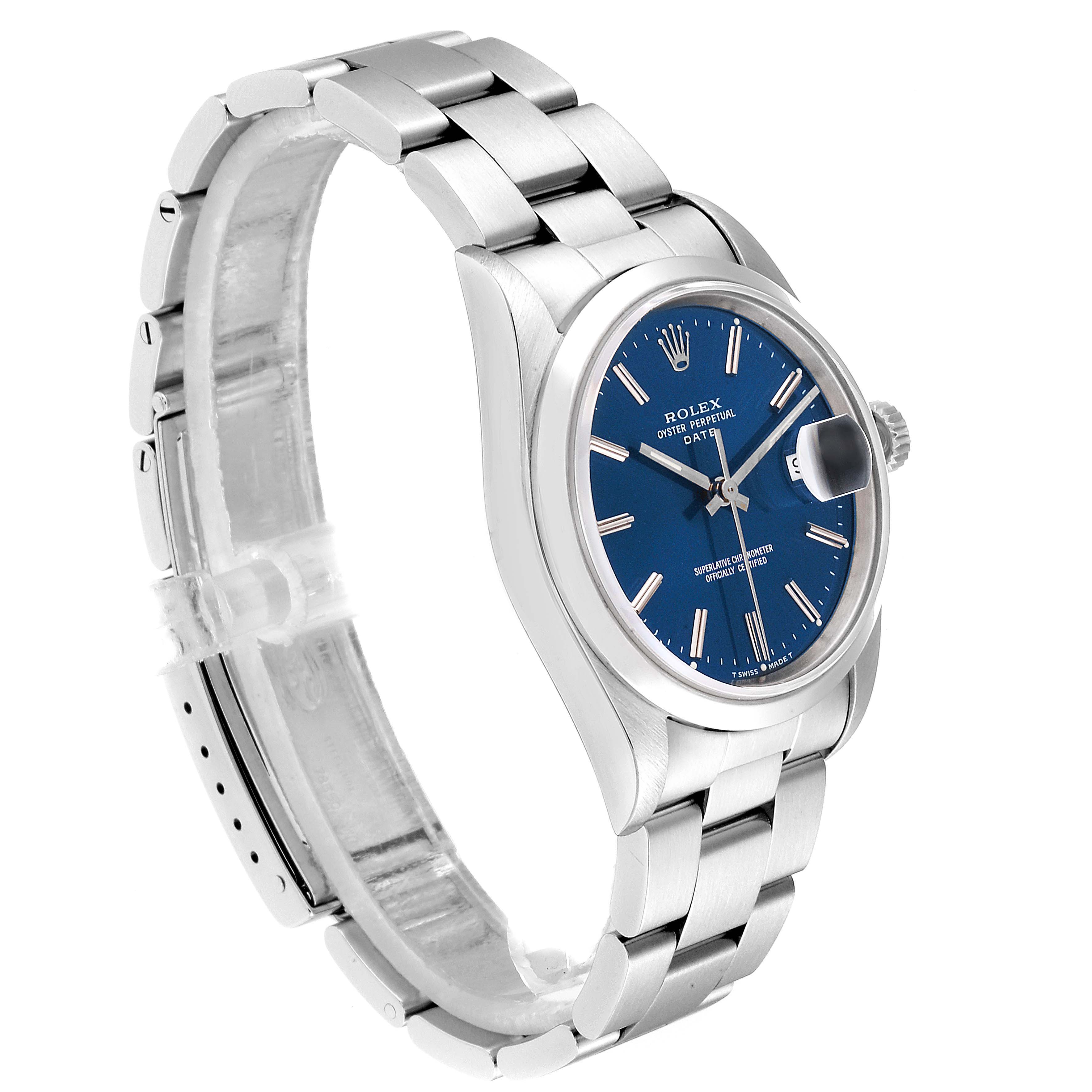 The image shows a side-angle view of a Rolex Date 15200 Men's Stainless Steel Blue Dial 15200 Men's Stainless Steel Blue Dial model watch, highlighting its blue dial and stainless steel bracelet.