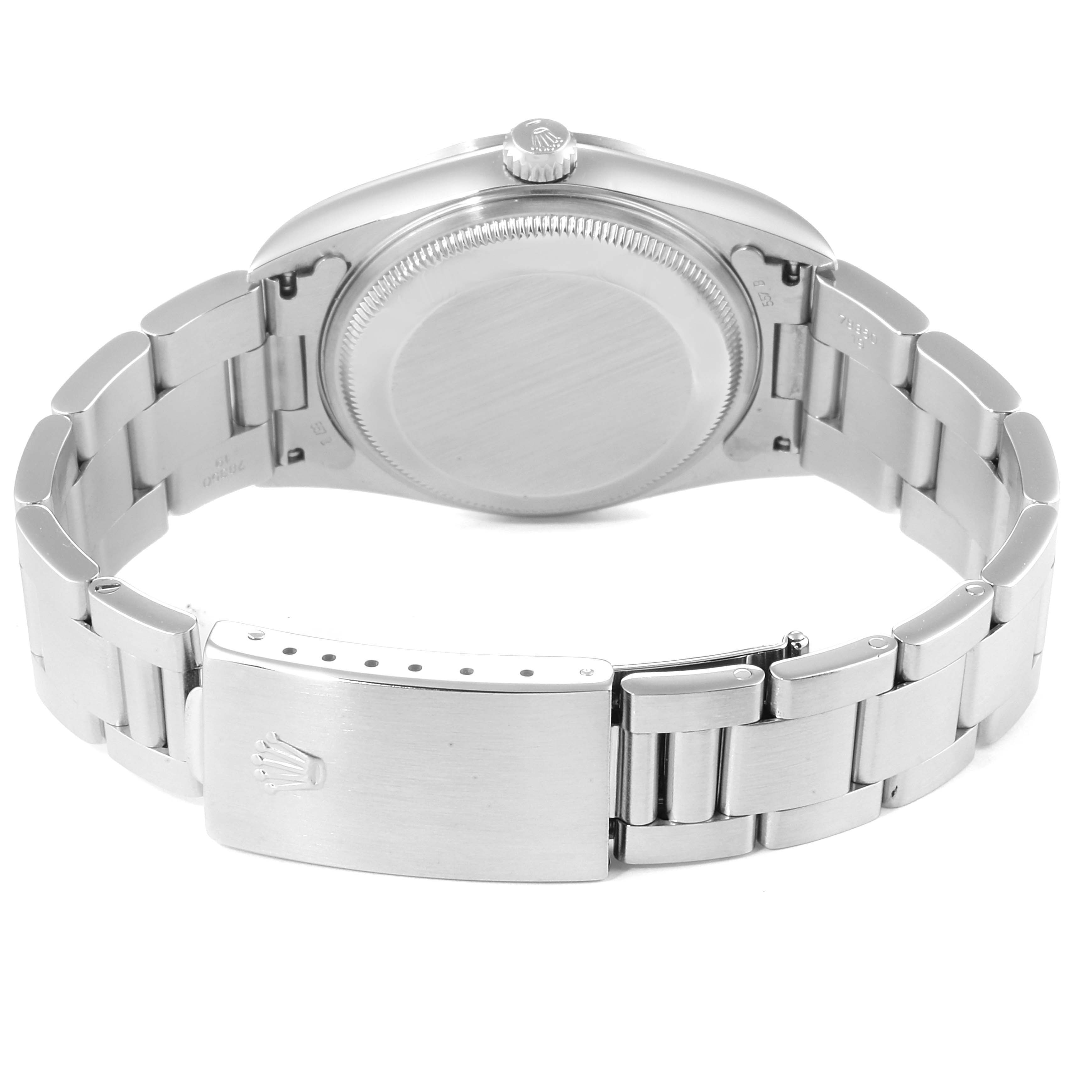 This image shows the back case and bracelet of a Rolex Date 15200 Men's Stainless Steel Blue Dial 15200 Men's Stainless Steel Blue Dial model watch, viewed from the rear angle.