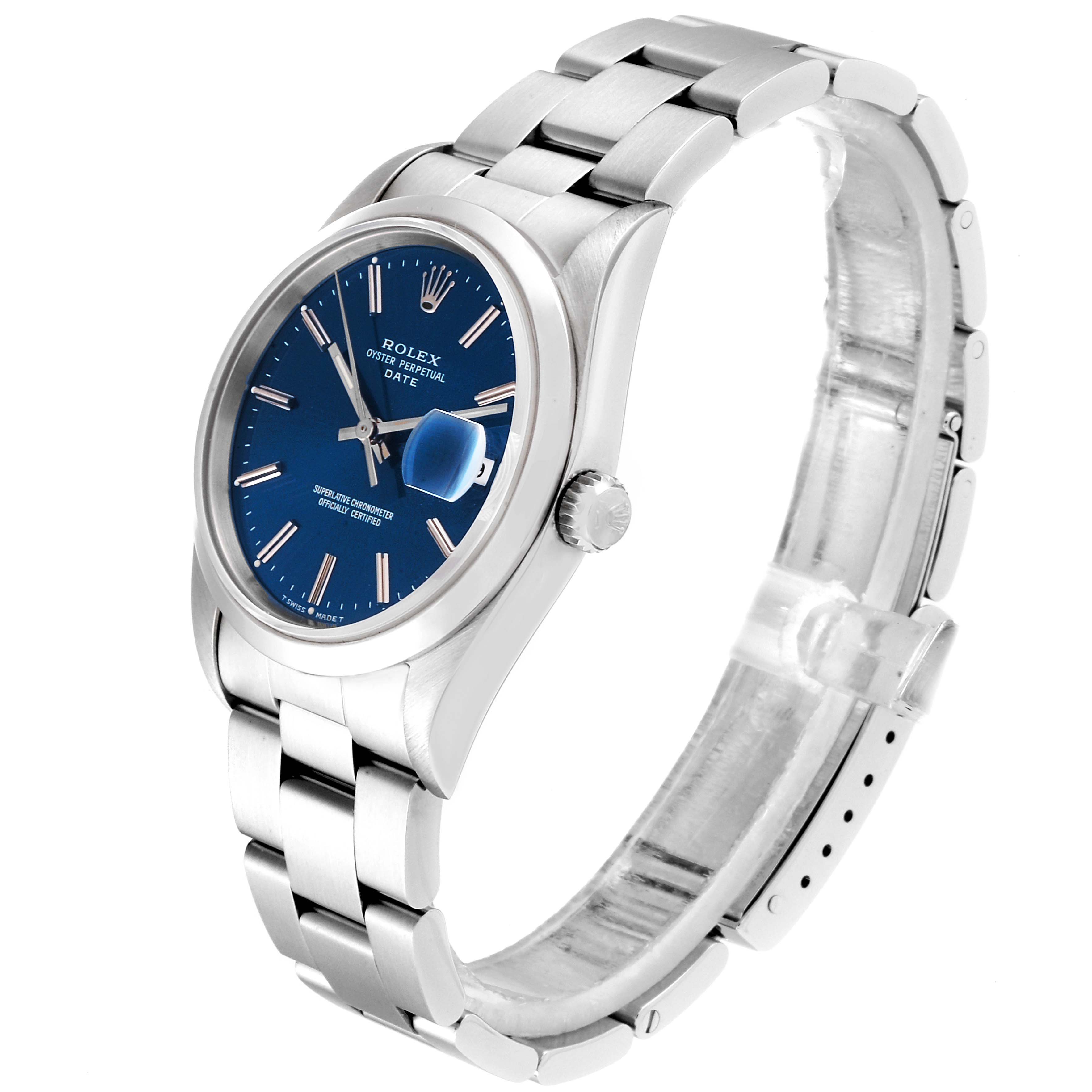 The Rolex Date 15200 Men's Stainless Steel Blue Dial 15200 Men's Stainless Steel Blue Dial model watch is shown at a slight angle, highlighting its blue dial, date magnifier, and stainless steel bracelet.