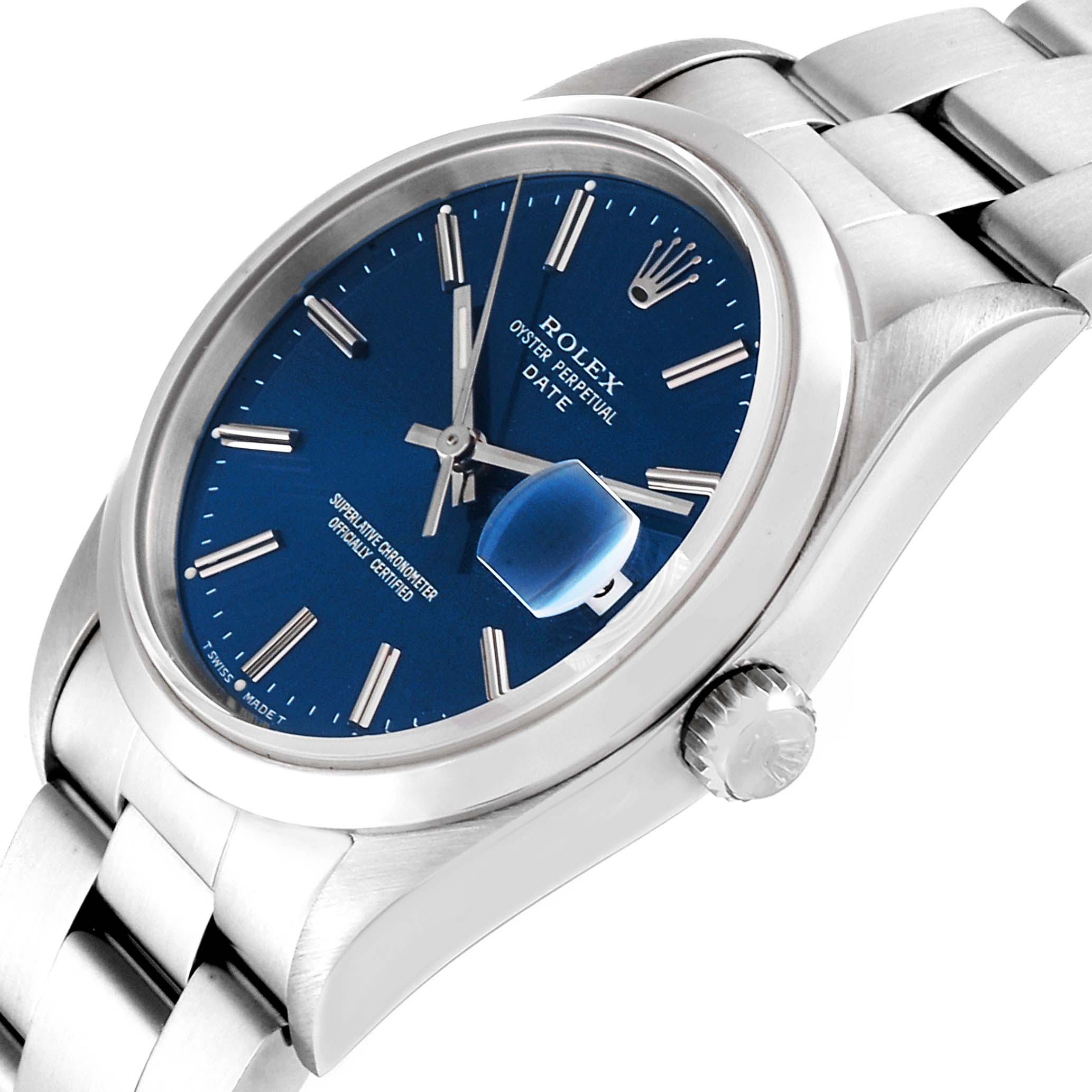 This image shows a Rolex Oyster Perpetual Date watch from an angled side view, highlighting the dial, crown, and part of the bracelet.