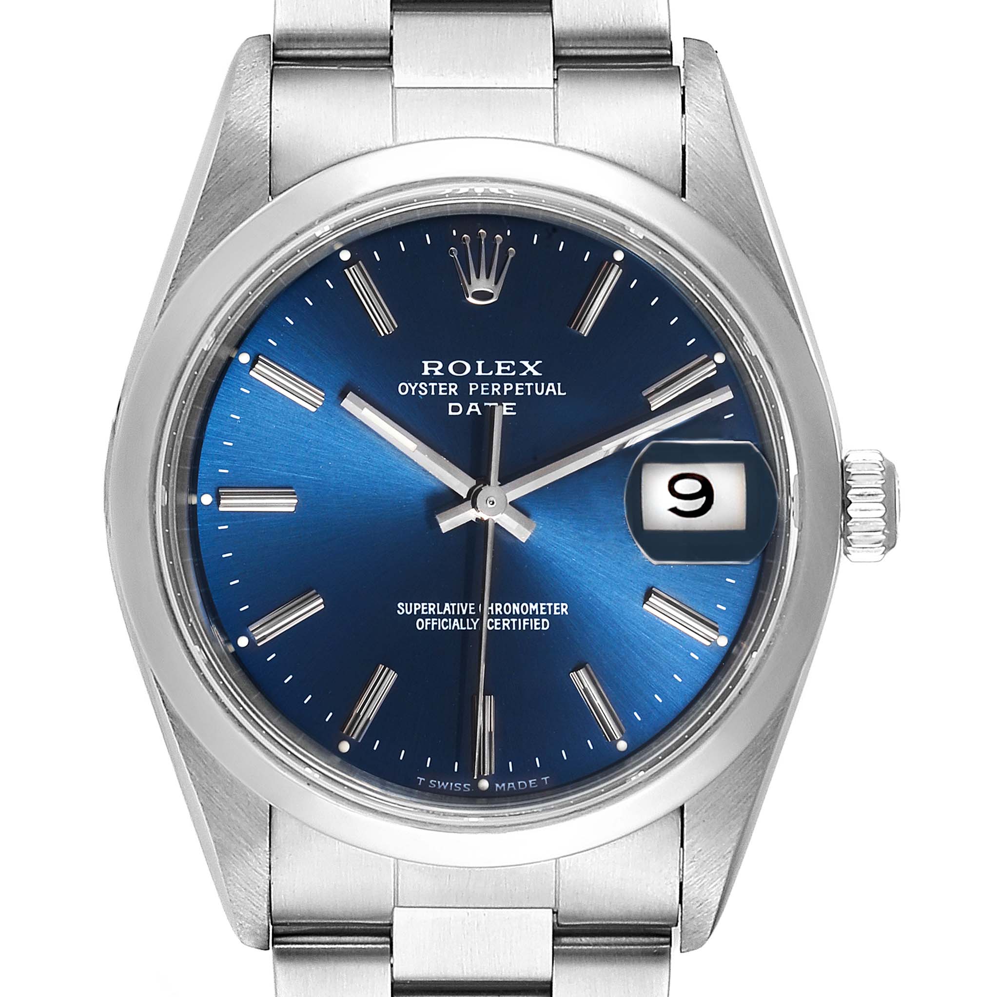 The image shows a frontal view of a Rolex Date 15200 Men's Stainless Steel Blue Dial 15200 Men's Stainless Steel Blue Dial model watch, highlighting its blue dial, date window, and stainless steel bracelet.