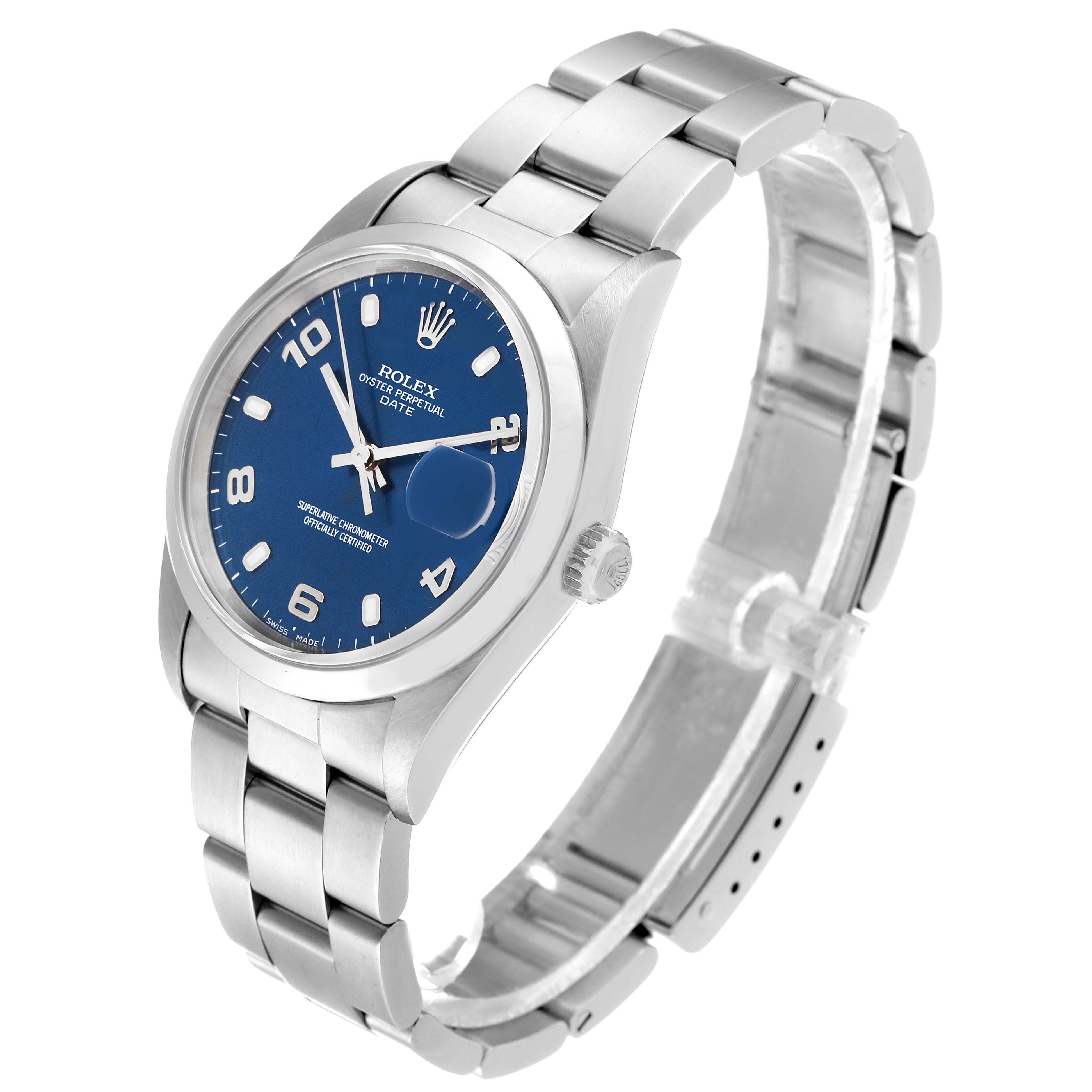 The Rolex Date 15200 Men's Stainless Steel Blue Dial 15200 Men's Stainless Steel Blue Dial model is shown at an angle highlighting the blue dial, stainless steel bracelet, and crown.