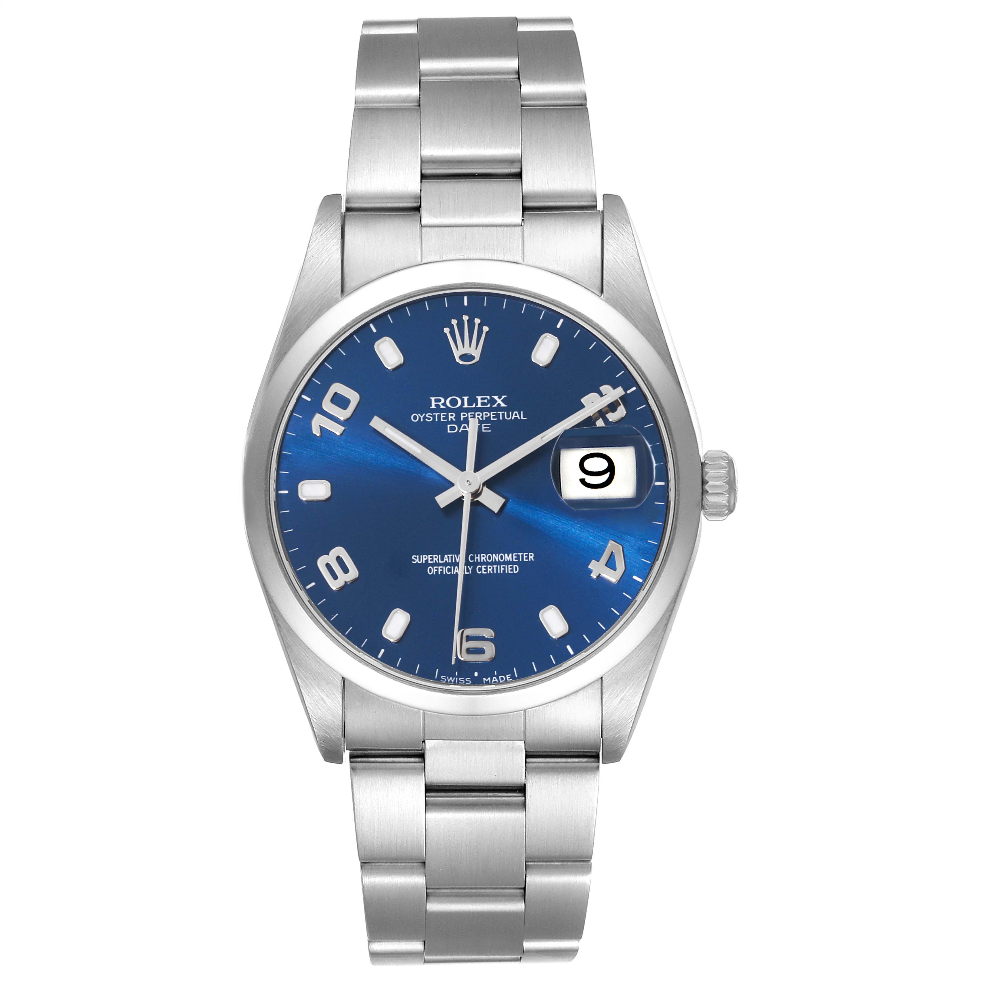 The Rolex Date 15200 Men's Stainless Steel Blue Dial 15200 Men's Stainless Steel Blue Dial watch is shown front-facing, featuring a blue dial, date window, and stainless steel bracelet.
