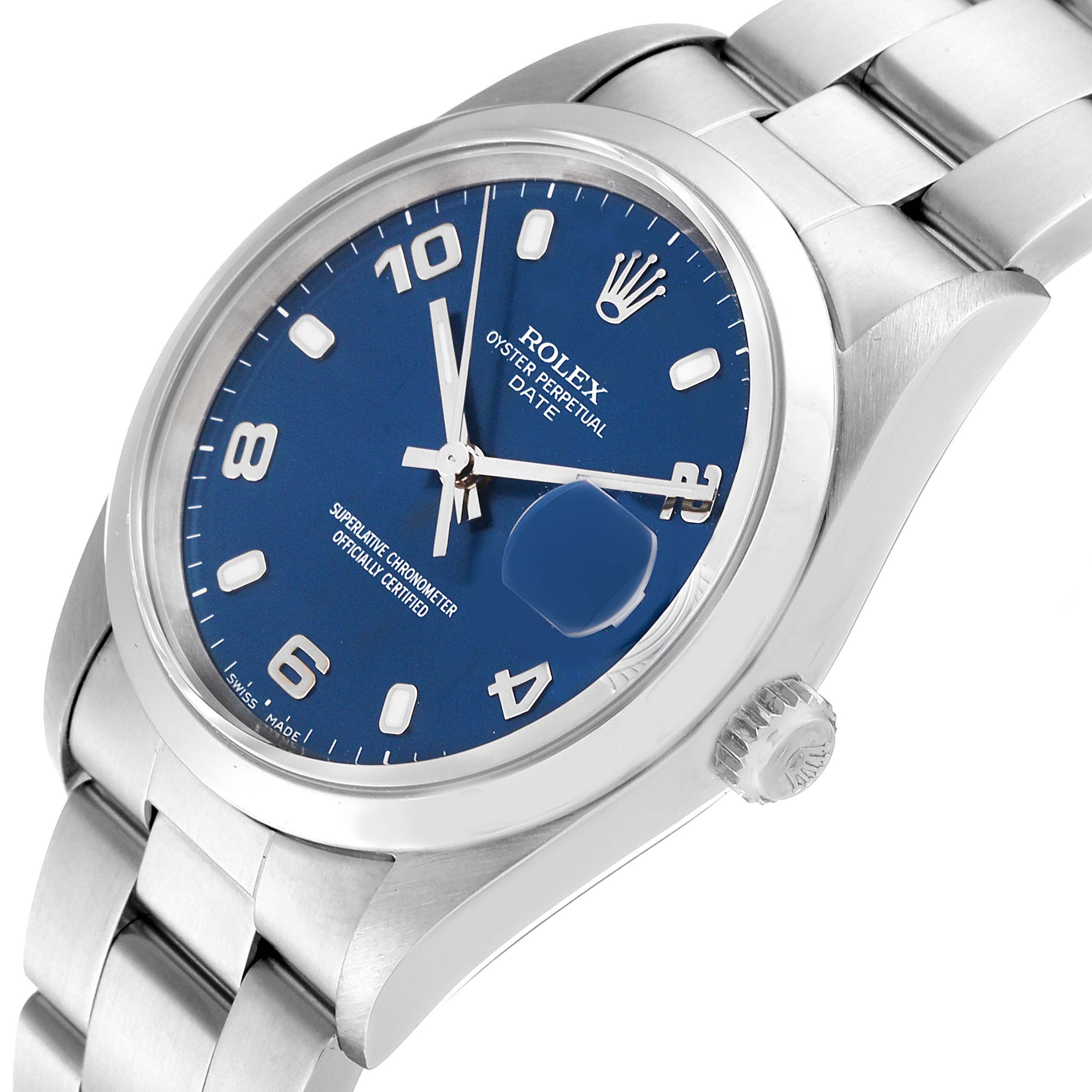 This image shows a Rolex Oyster Perpetual Date model from a slightly angled view, highlighting the watch face and part of the bracelet.