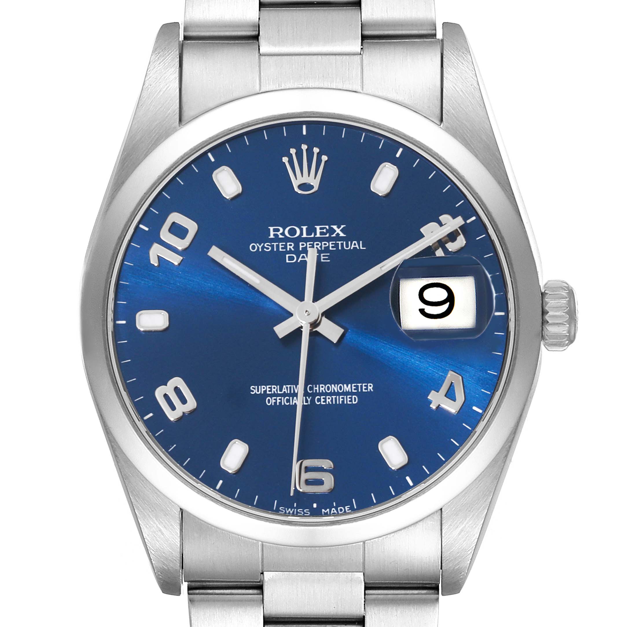 The image shows a front view of a Rolex Date 15200 Men's Stainless Steel Blue Dial 15200 Men's Stainless Steel Blue Dial model watch, highlighting the dial, hands, date window, and part of the bracelet.