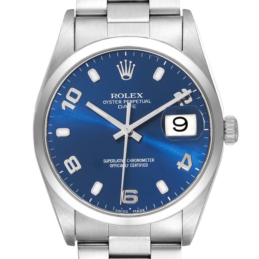 The image shows a front view of a Rolex Date model watch, highlighting the dial, hands, date window, and part of the bracelet.