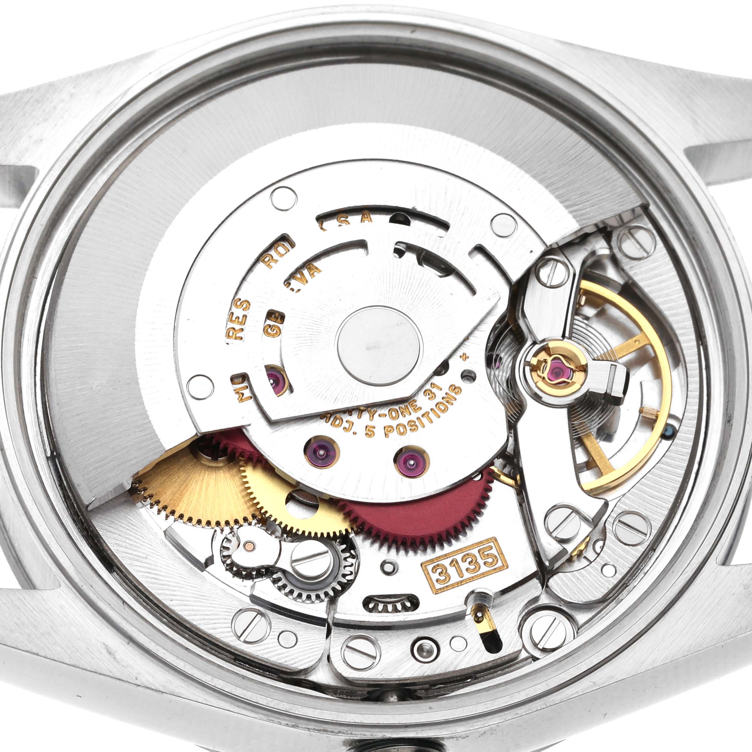 This image shows the inner mechanics and movements of a Rolex Date 15200 Men's Stainless Steel Blue Dial 15200 Men's Stainless Steel Blue Dial model watch, taken from the back with the case opened.