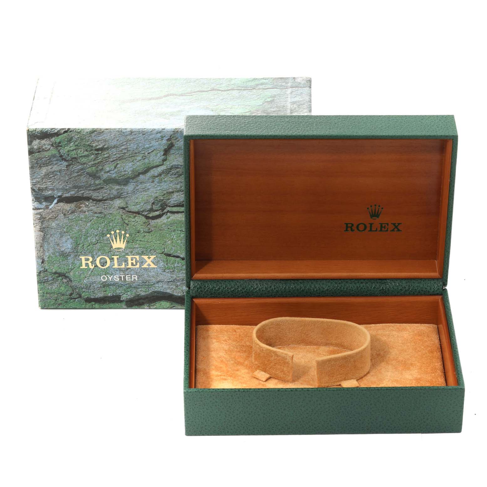 The image shows an open Rolex Date 15200 Men's Stainless Steel Blue Dial 15200 Men's Stainless Steel Blue Dial model watch box, with inner and outer packaging, viewed from the front.