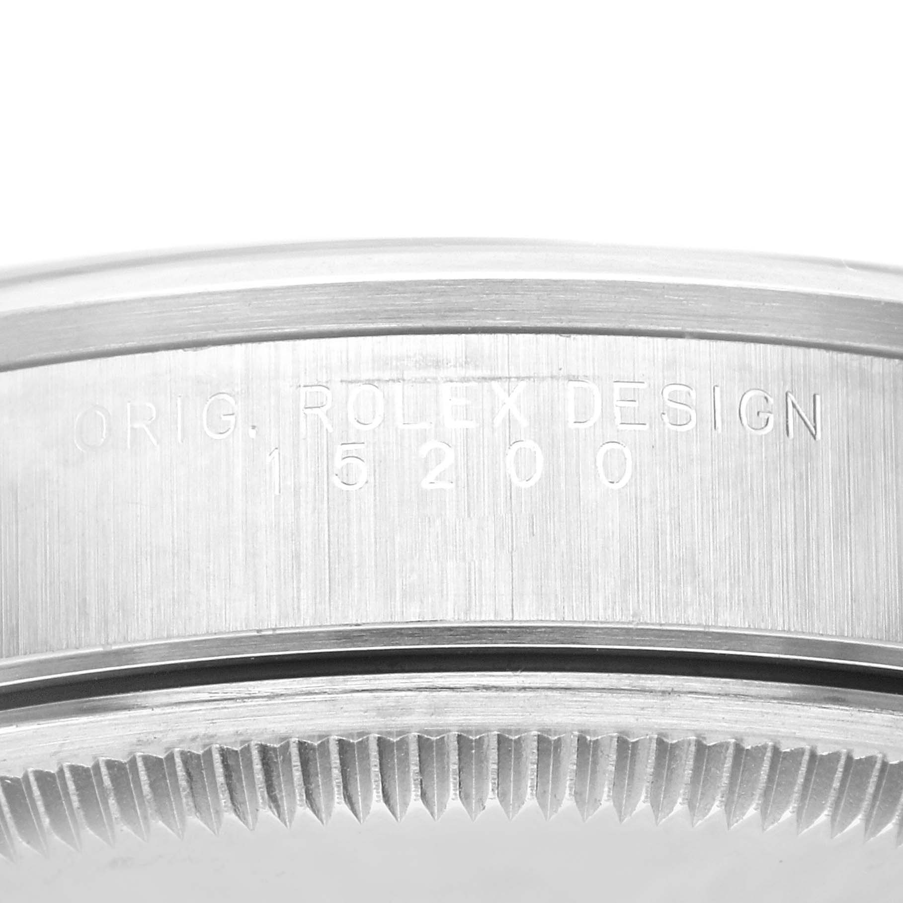 The image shows a close-up of the side engraving and bezel of a Rolex Date 15200 Men's Stainless Steel Blue Dial 15200 Men's Stainless Steel Blue Dial model watch, emphasizing the model number.